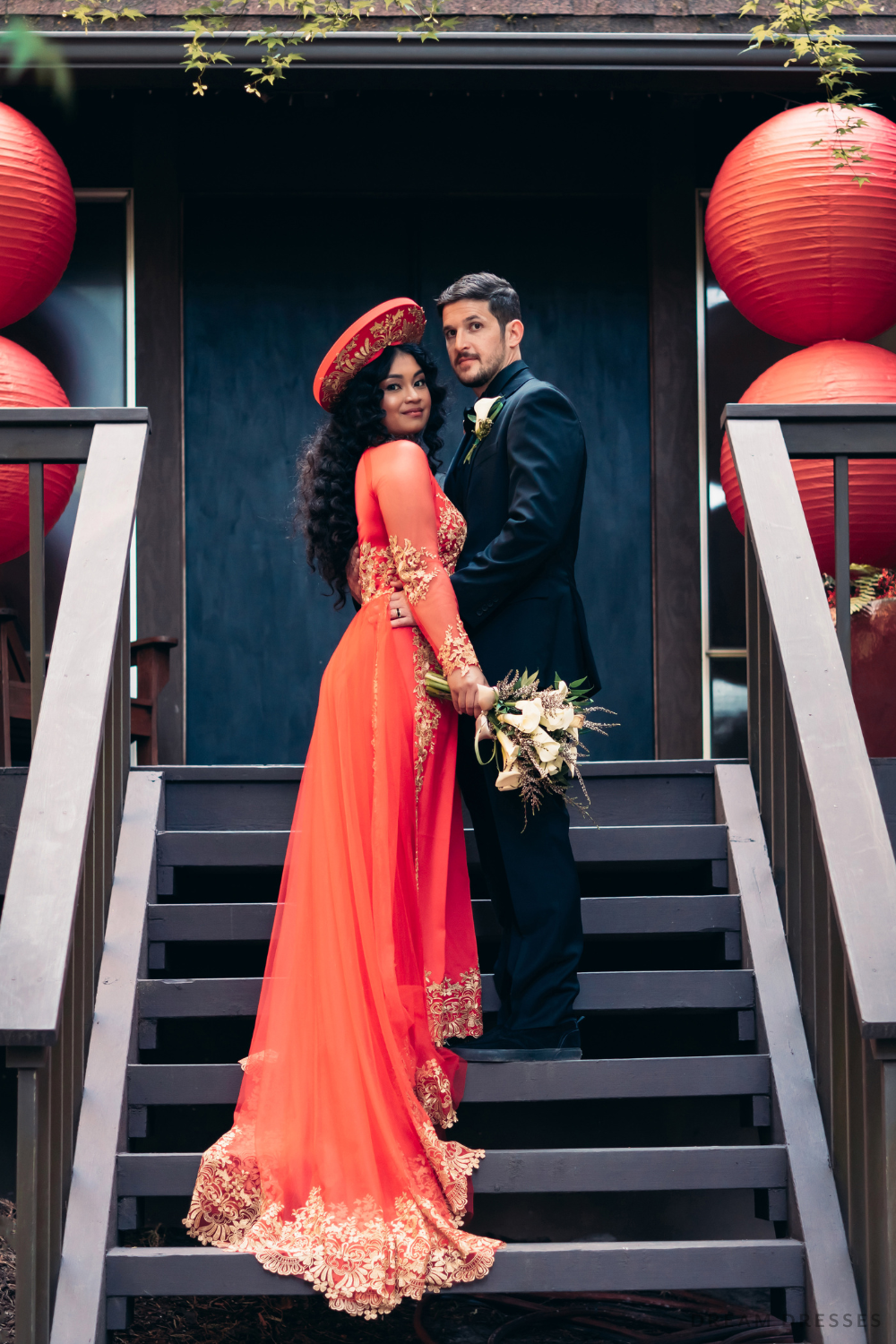 Red Ao Dai with Gold Lace and Chapel Train | Vietnamese Lace Bridal Dress (#MELIA)