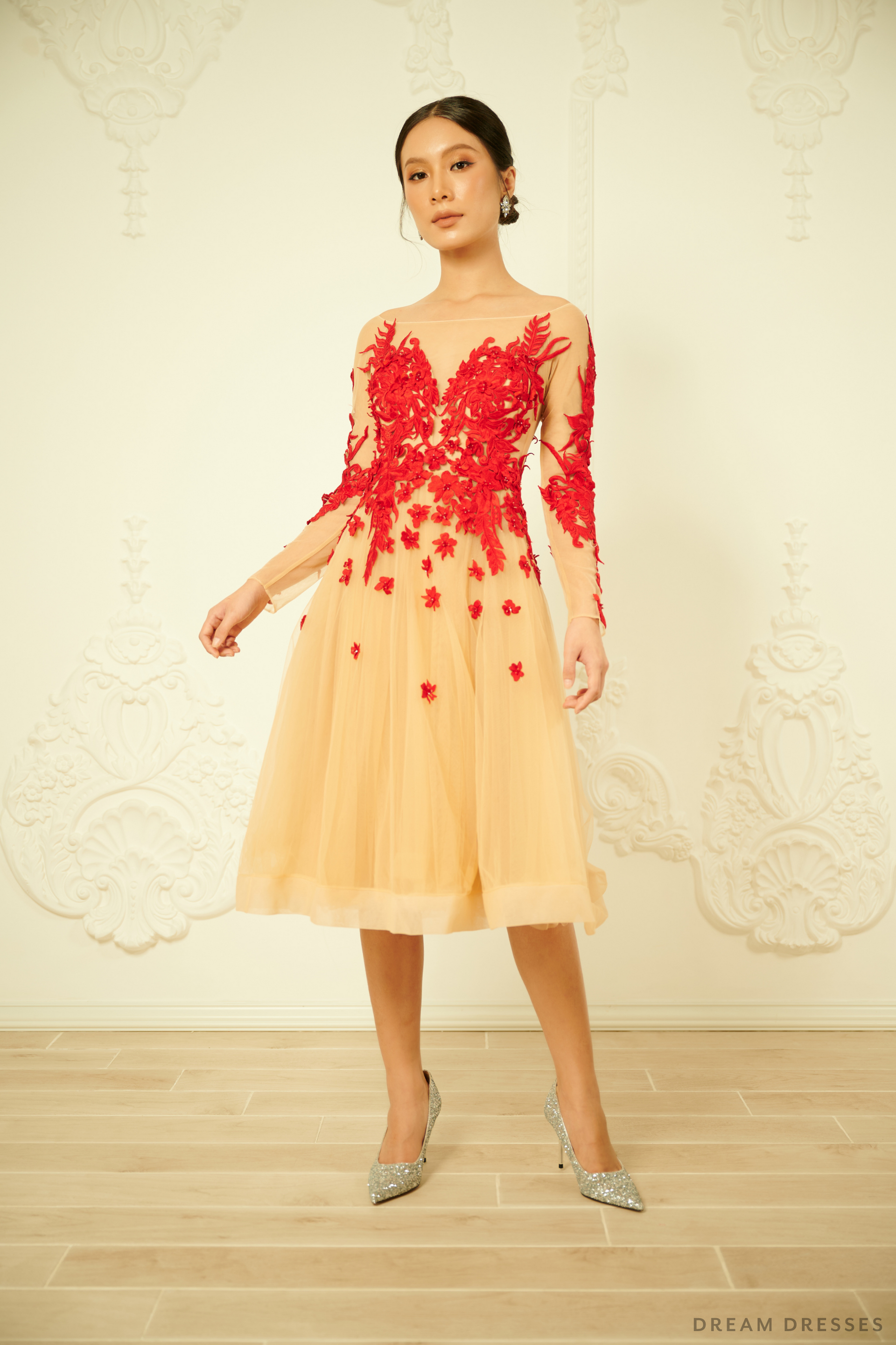 Short Red Dress with Embroidery (#NICOLETTA) - Dream Dresses by P.M.N.