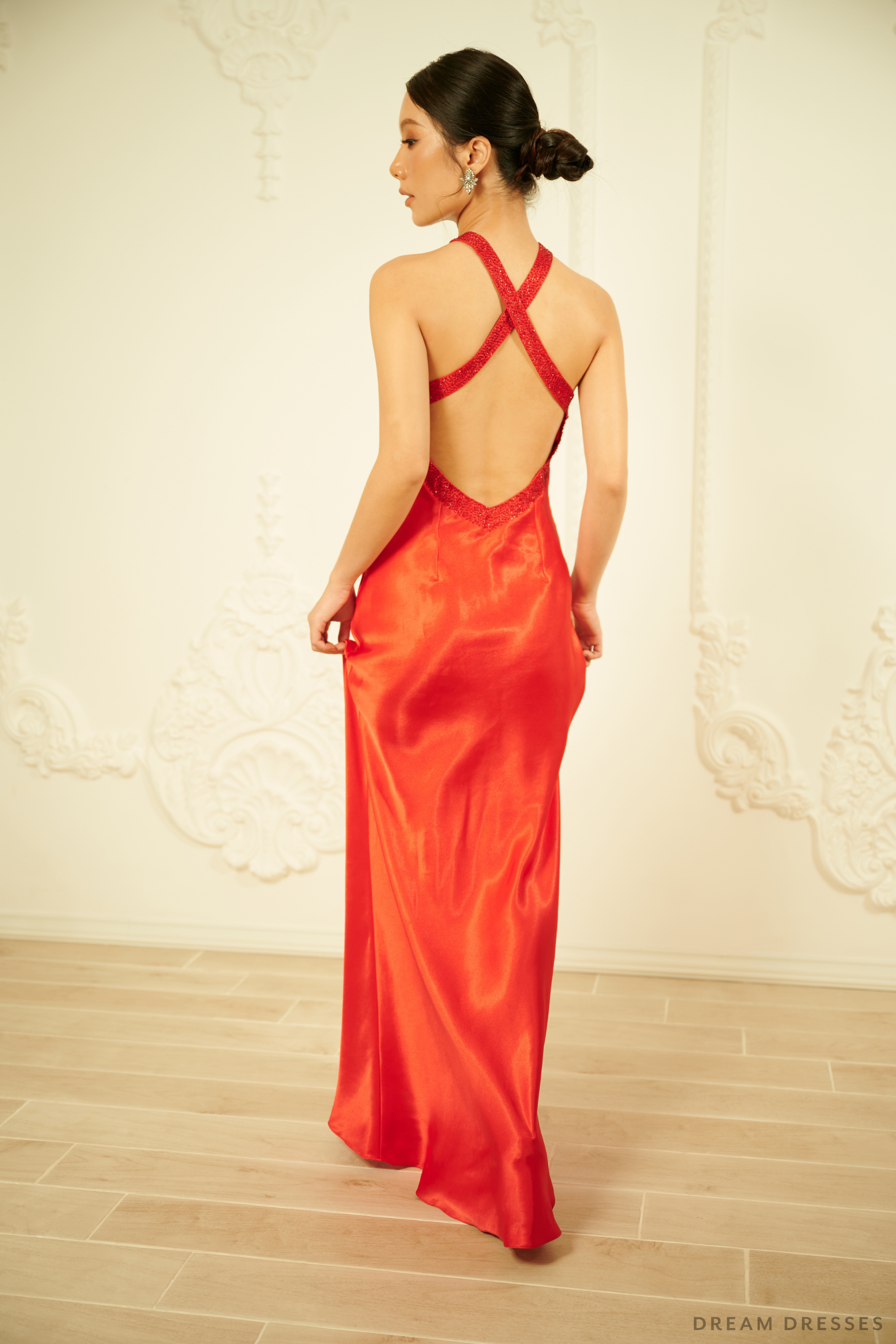 Red Silk Evening Dress with Halter Neck (#LUCIA)