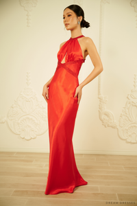 Red Silk Evening Dress with Halter Neck (#LUCIA) - Dream Dresses by P.M.N.