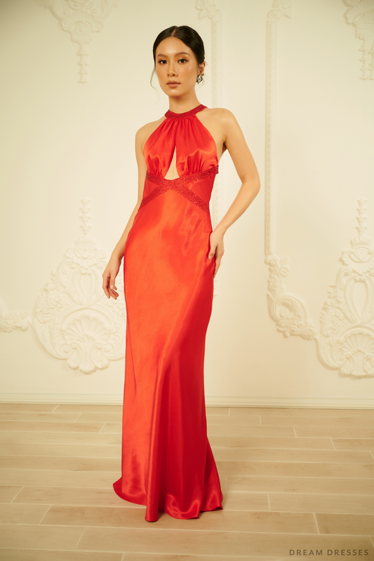 Red Silk Evening Dress with Halter Neck (#LUCIA) - Dream Dresses by P.M.N.