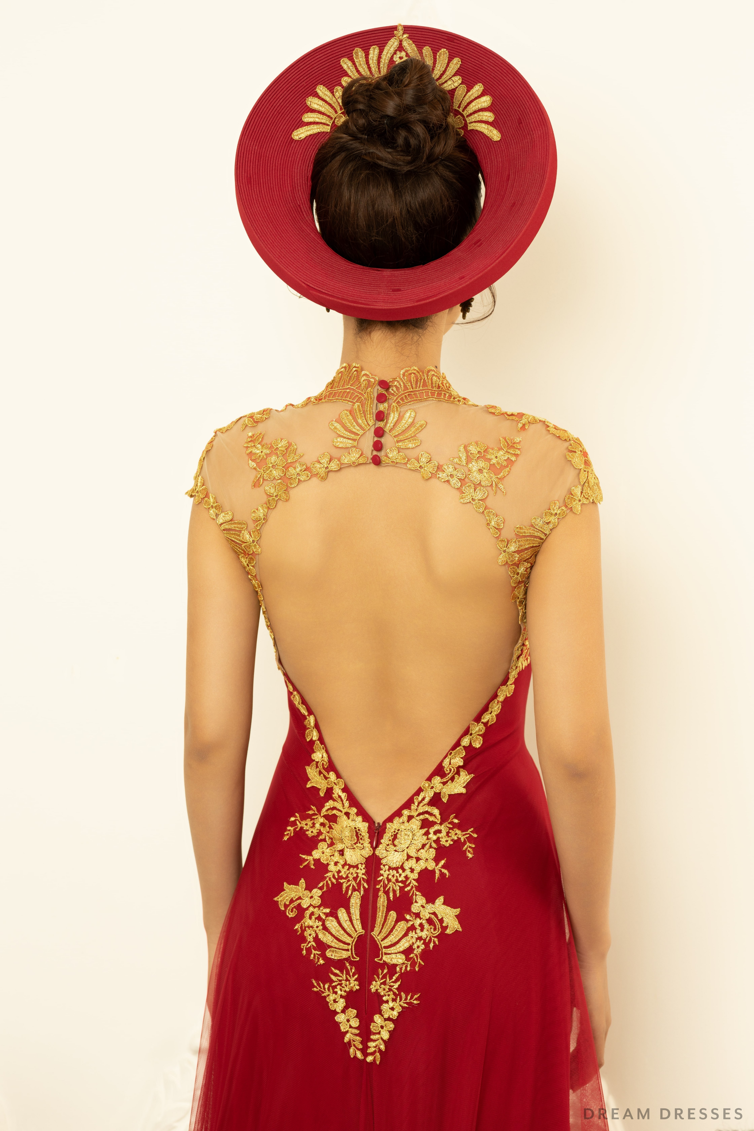DreamDress By PMN Nelly Ao Dai Inspired Wedding Dress Gown Burgundy Red Illusion Open Back Golden Accents Chiffon Pants Sweep Train | Size: 10 DreamDress By PMN Nelly Ao Dai Inspired Wedding Dress Gown Burgundy Red Illusion Open Back Golden Accents Chiffon Pants Sweep Train | Size: 10