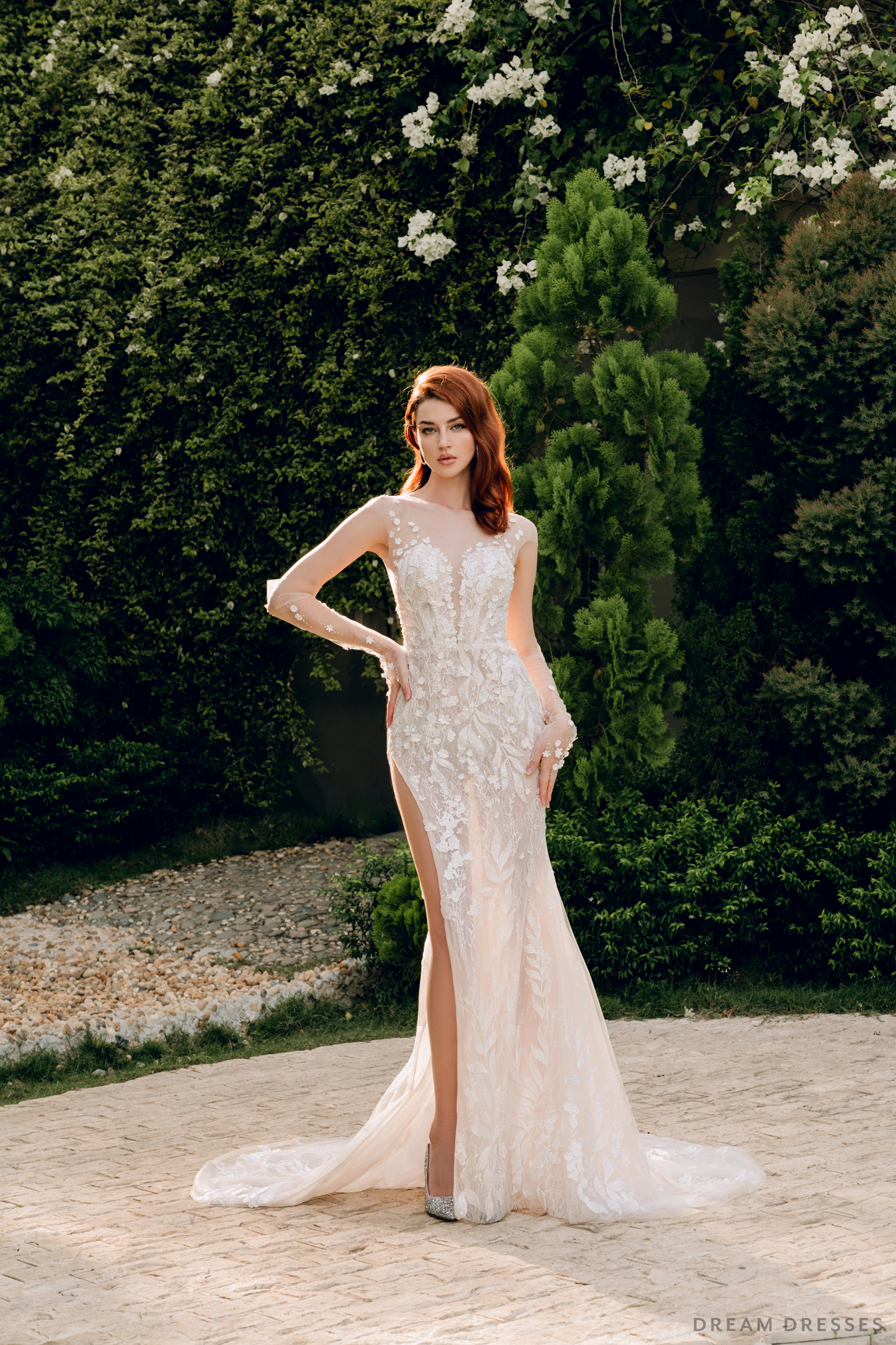DreamDress By PMN Kristin Mermaid High Slit Wedding Dress Gown Illusion Plunging V-Neck Floral Embellishments Couture Lace Chapel Train