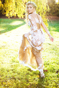 Nude Sheath Dress With White Lace Appliqué (#SS16105) - Dream Dresses by P.M.N
 - 2