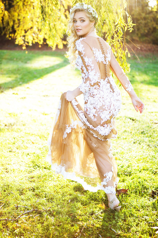 Nude Sheath Dress With White Lace Appliqué (#SS16105) - Dream Dresses by P.M.N
 - 1
