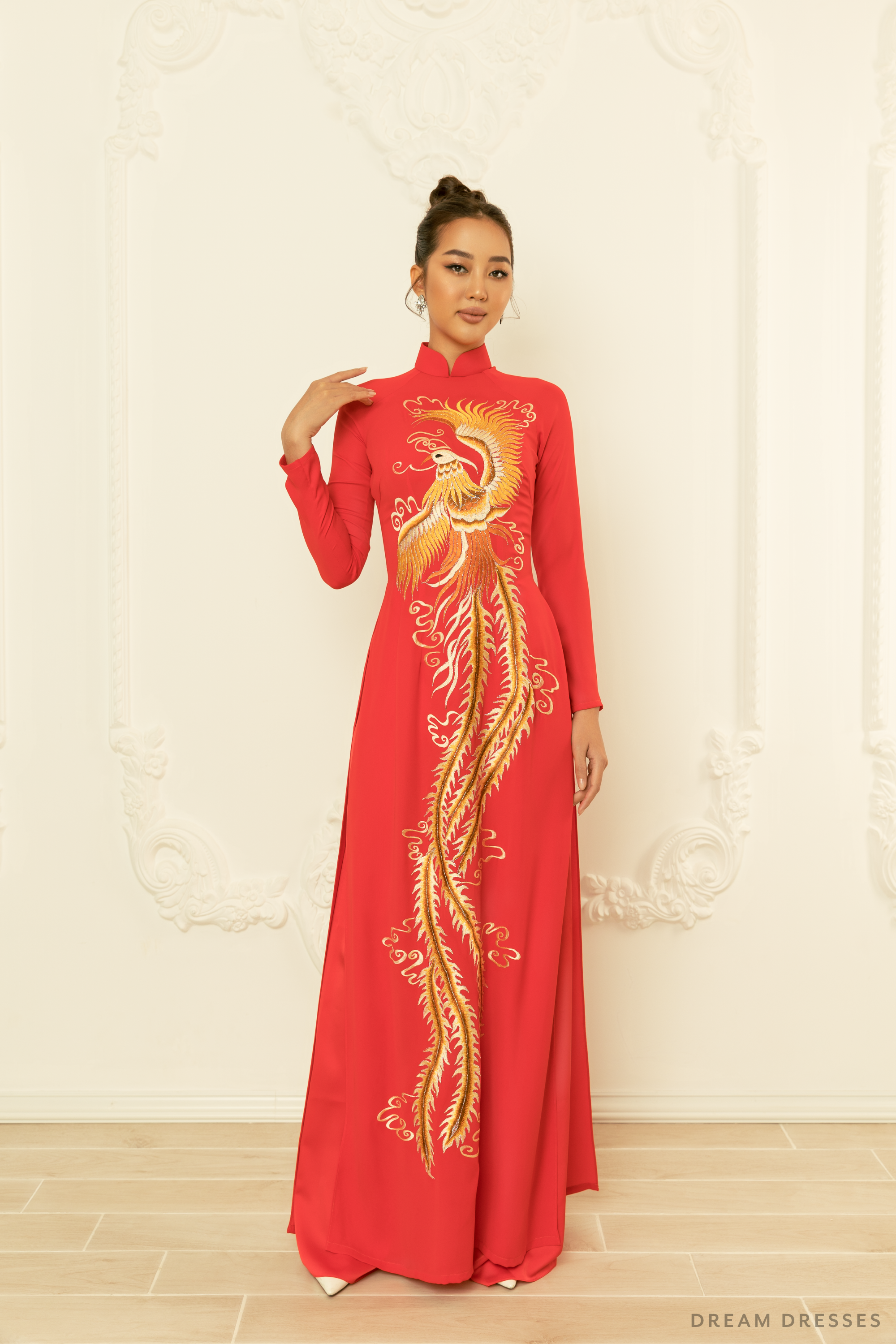 Red Bridal Ao Dai | Vietnamese Traditional Bridal Dress with Phoenix Embroidery (#YEDDA)