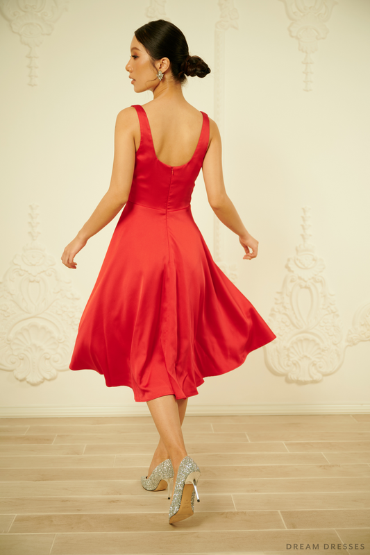 Red Silk Tea Length Dress (#MELISSA) - Dream Dresses by P.M.N.