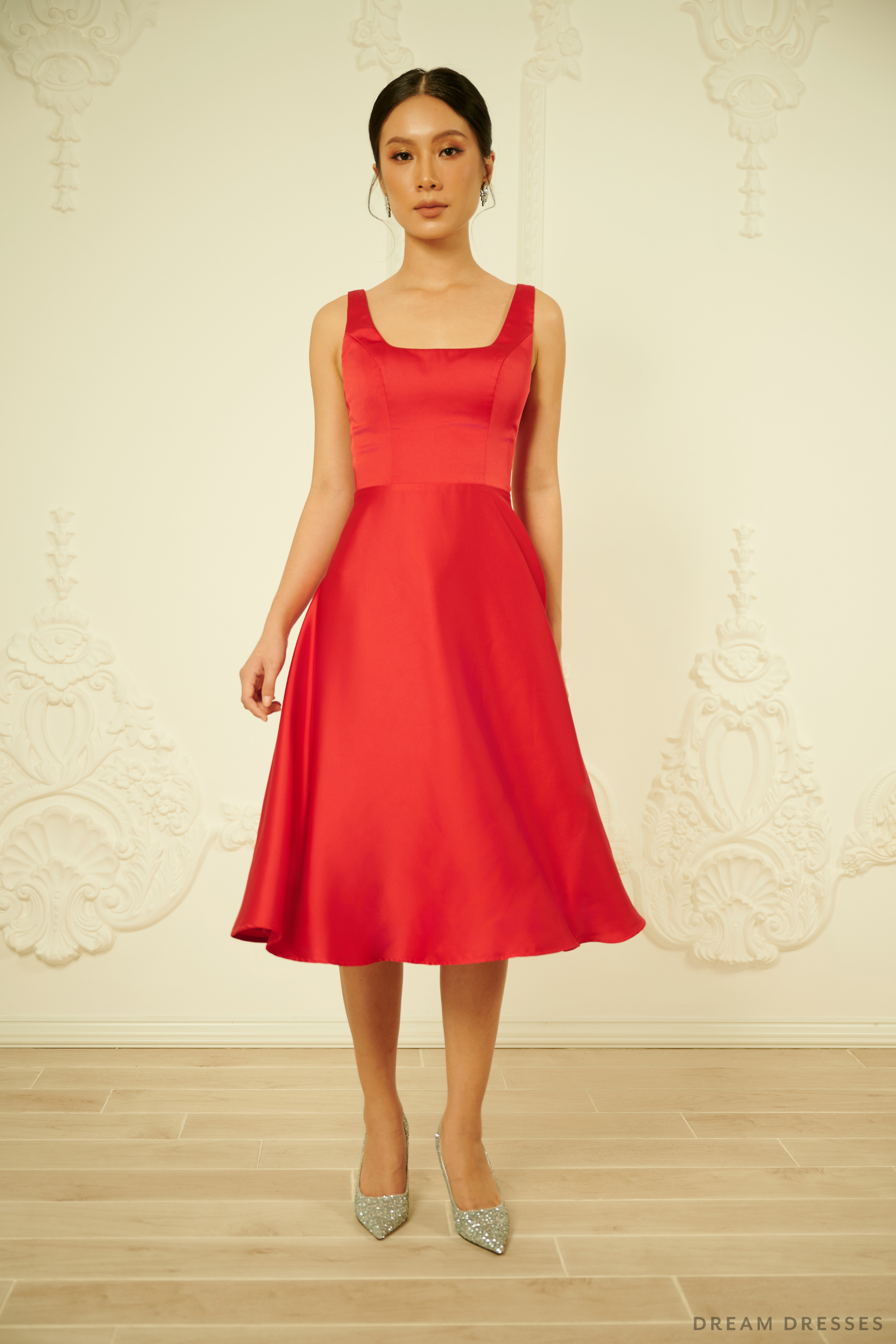 Red Silk Tea Length Dress (#MELISSA)