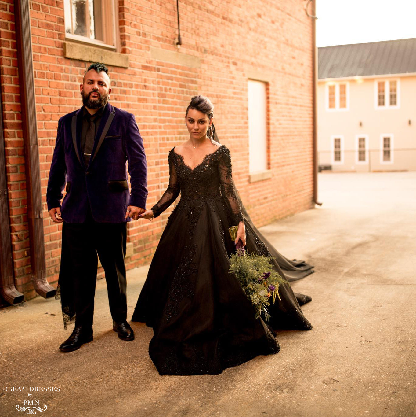 DreamDress By PMN Gabrielle Black Ball Wedding Dress Gown Wide V-Neck Floral Pearls Crystals Embellishment V-Back Semi-Cathedral Train | Size: Custom DreamDress By PMN Gabrielle Black Ball Wedding Dress Gown Wide V-Neck Floral Pearls Crystals Embellishment V-Back Semi-Cathedral Train | Size: Custom