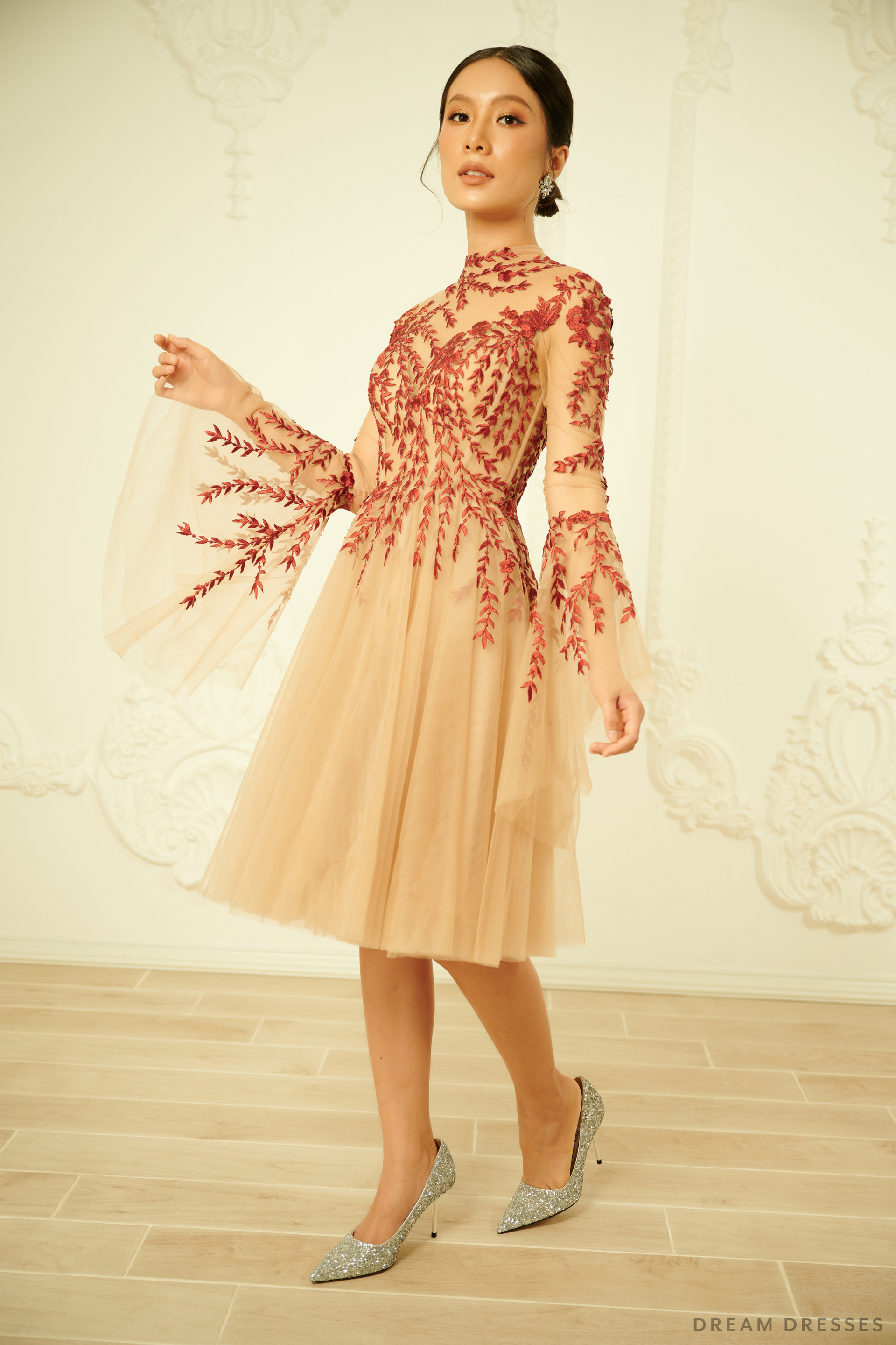 DreamDress By PMN Regina Chic Midi Wedding Guest Evening Dress Red Nude Illusion High Neck Beadings Floral Embellishment Bell Sleeves
