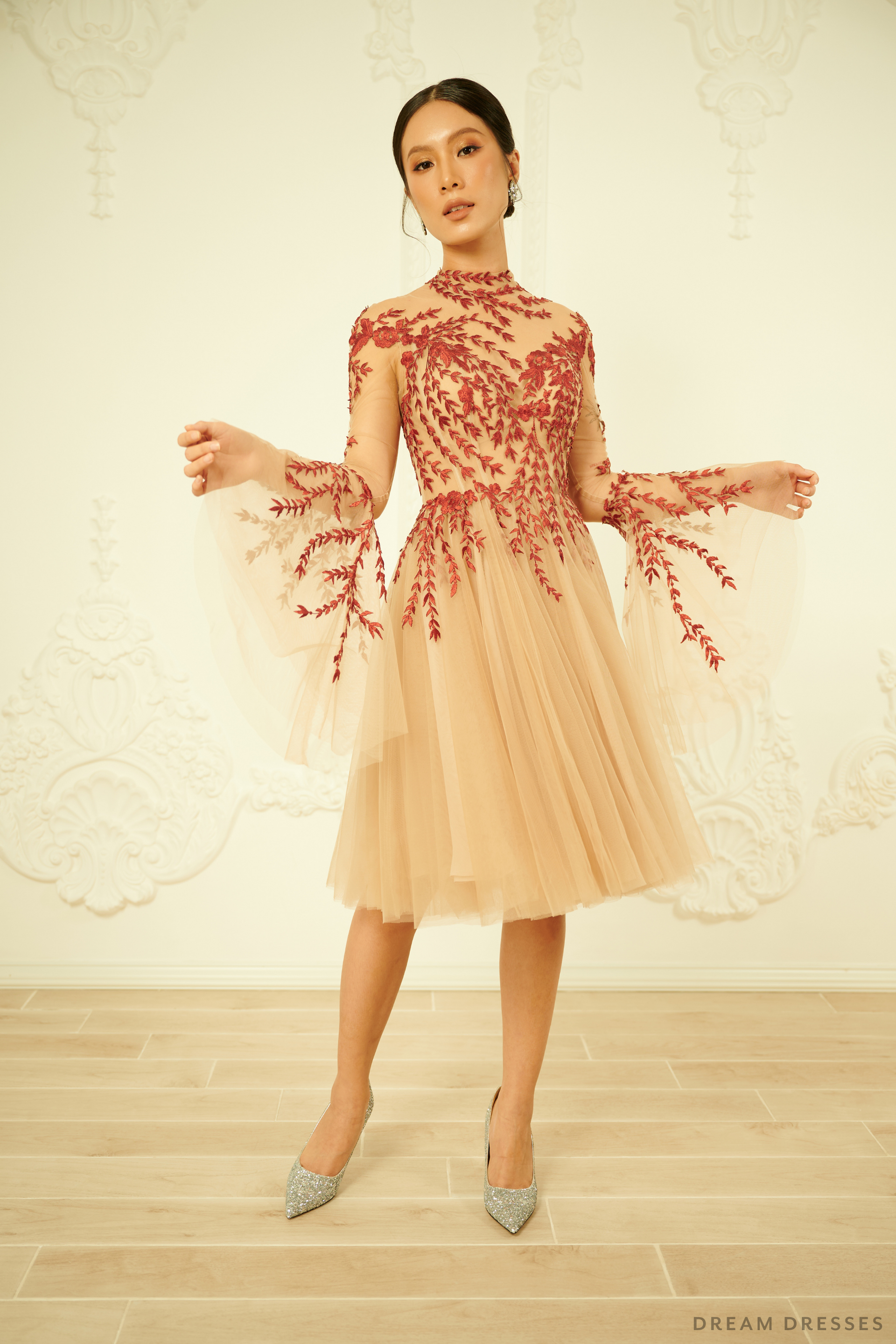 DreamDress By PMN Regina Chic Midi Wedding Guest Evening Dress Red Nude Illusion High Neck Beadings Floral Embellishment Bell Sleeves