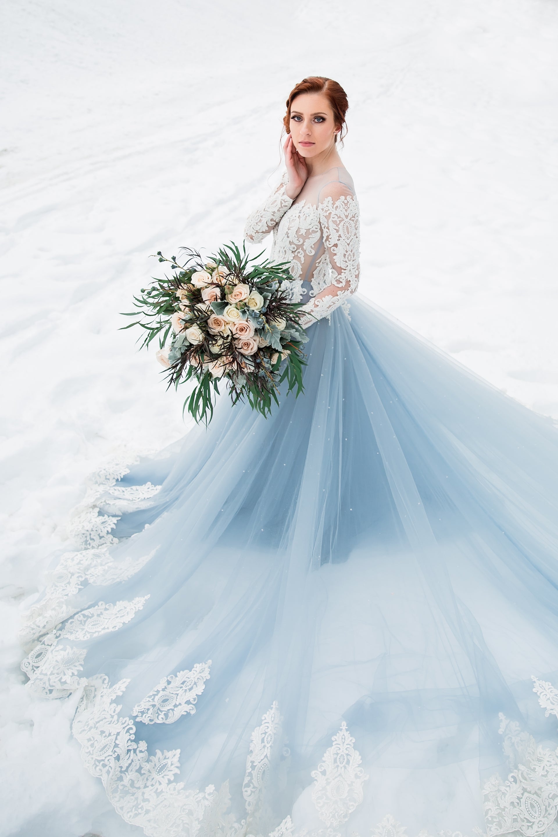 wedding dress sky blue Colorful Satin Beach with Long Sleeves, Overskirt, Sheer Sweep Train, and Big Size featuring ethereal hues that redefine traditional bridal beauty. Blue wedding dress