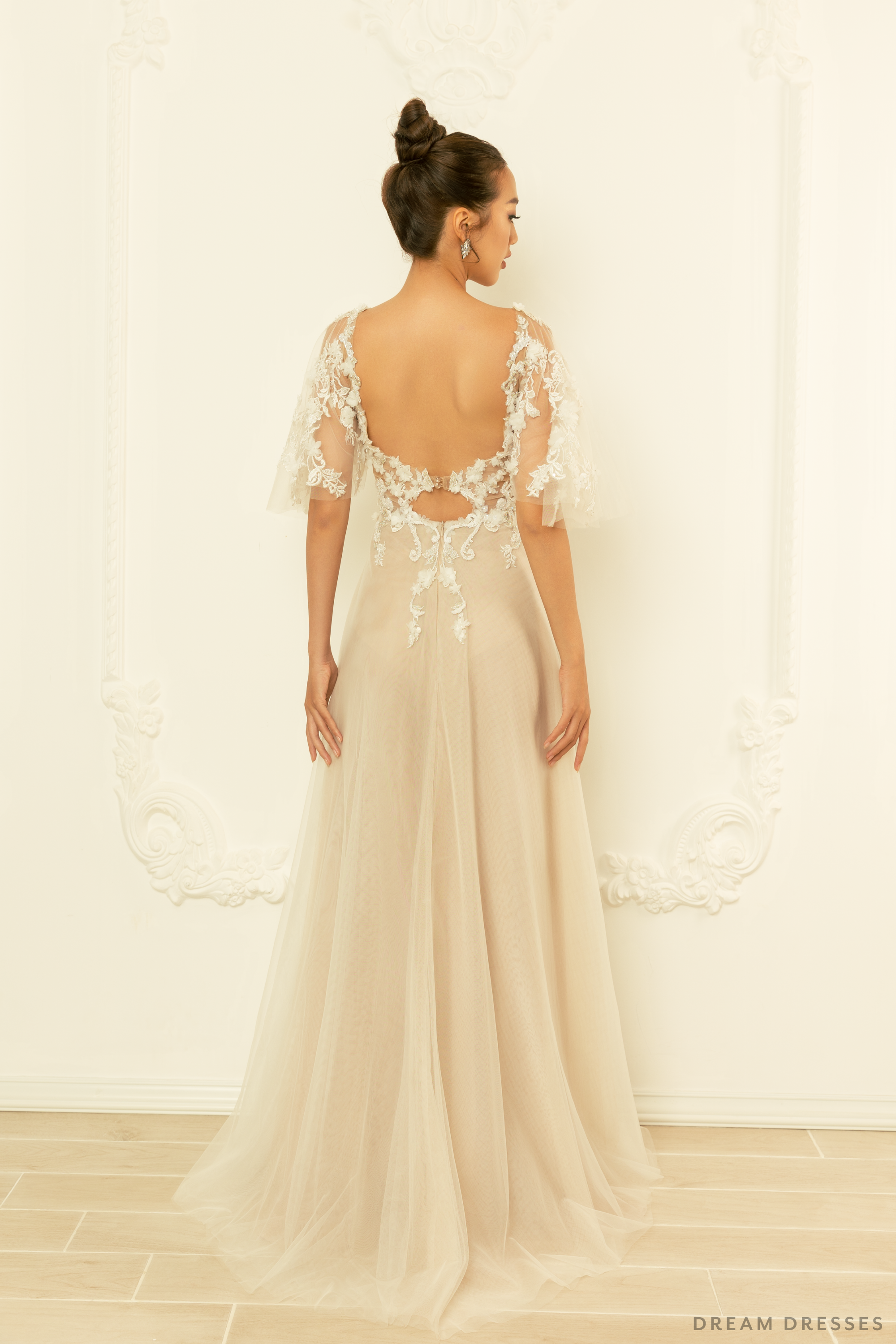 Dreamdress By Pmn Frankie A-Line High Slit Wedding Dress Gown Illusion Floral Embellishment Butterfly Sleeves Sweep Train | Size: Custom Dreamdress By Pmn Frankie A-Line High Slit Wedding Dress Gown Illusion Floral Embellishment Butterfly Sleeves Sweep Train | Size: Custom