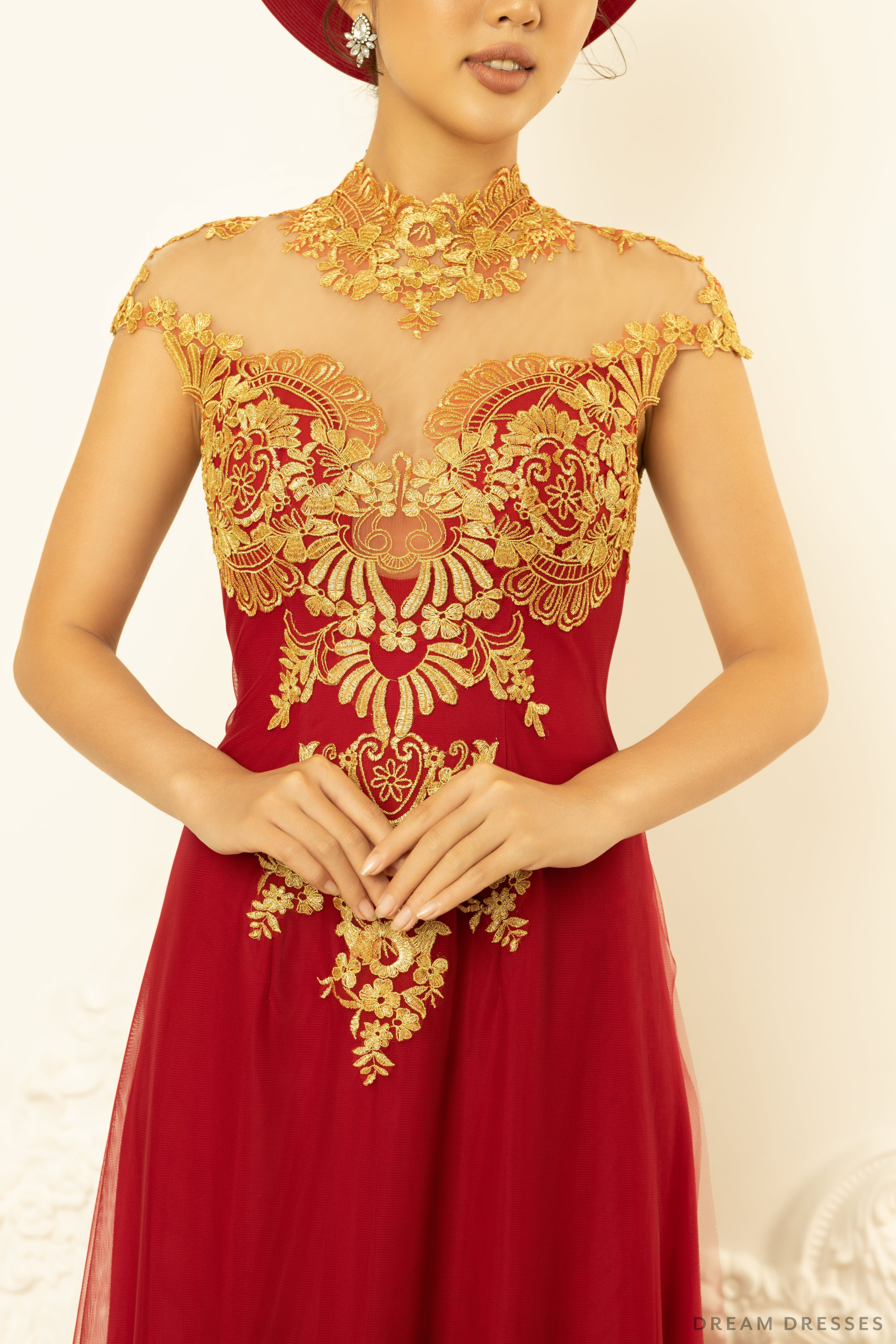 Red Bridal o Di with Gold Lace | Vietnamese Wedding Dress Nelly Red Bridal o Di with Gold Lace | Vietnamese Wedding Dress Nelly