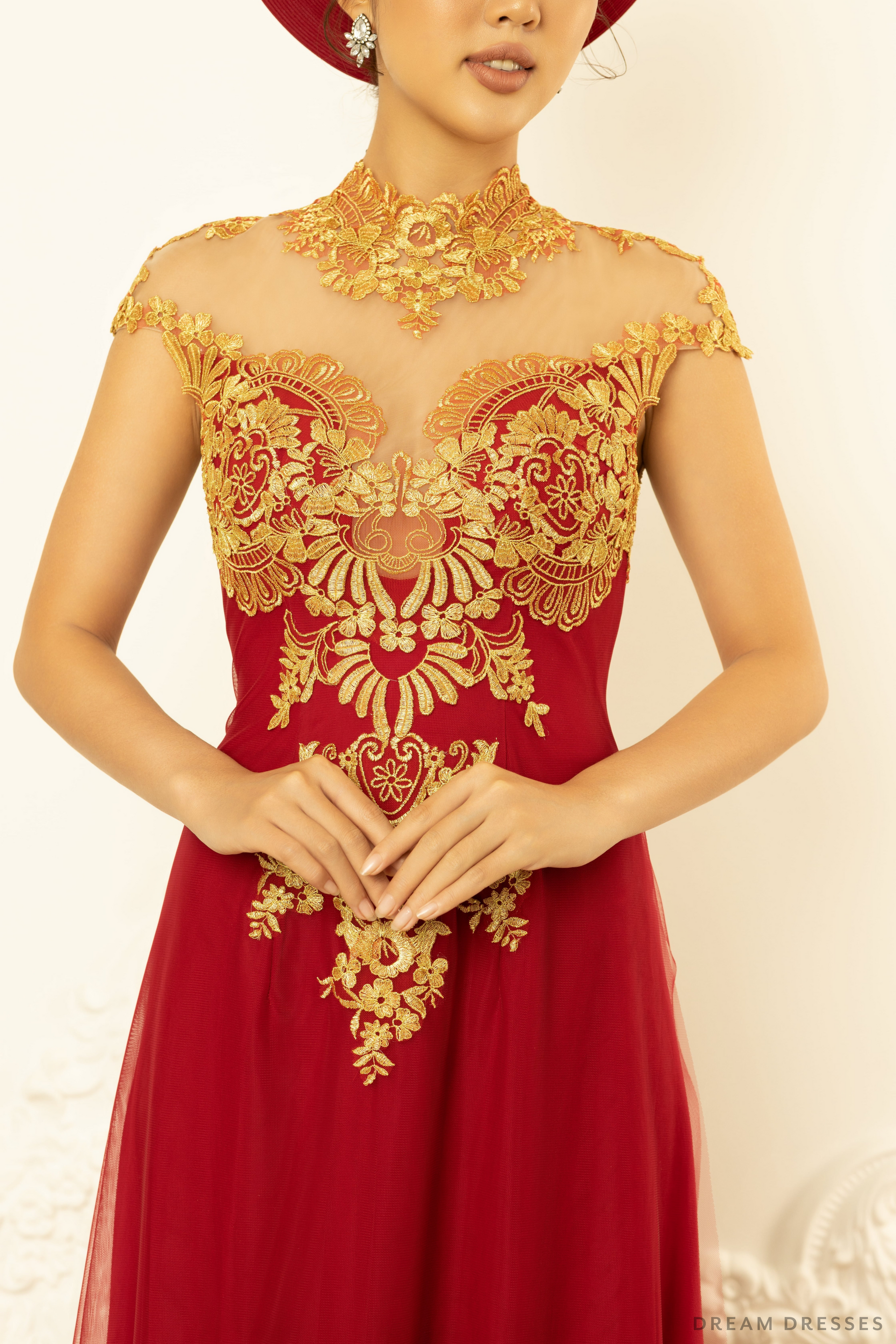 Red Bridal Ao Dai with Gold Lace | Vietnamese Bridal Dress (#NELLY) - Dream Dresses by P.M.N.