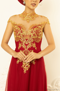 Red Bridal Ao Dai with Gold Lace | Vietnamese Bridal Dress (#NELLY) - Dream Dresses by P.M.N.