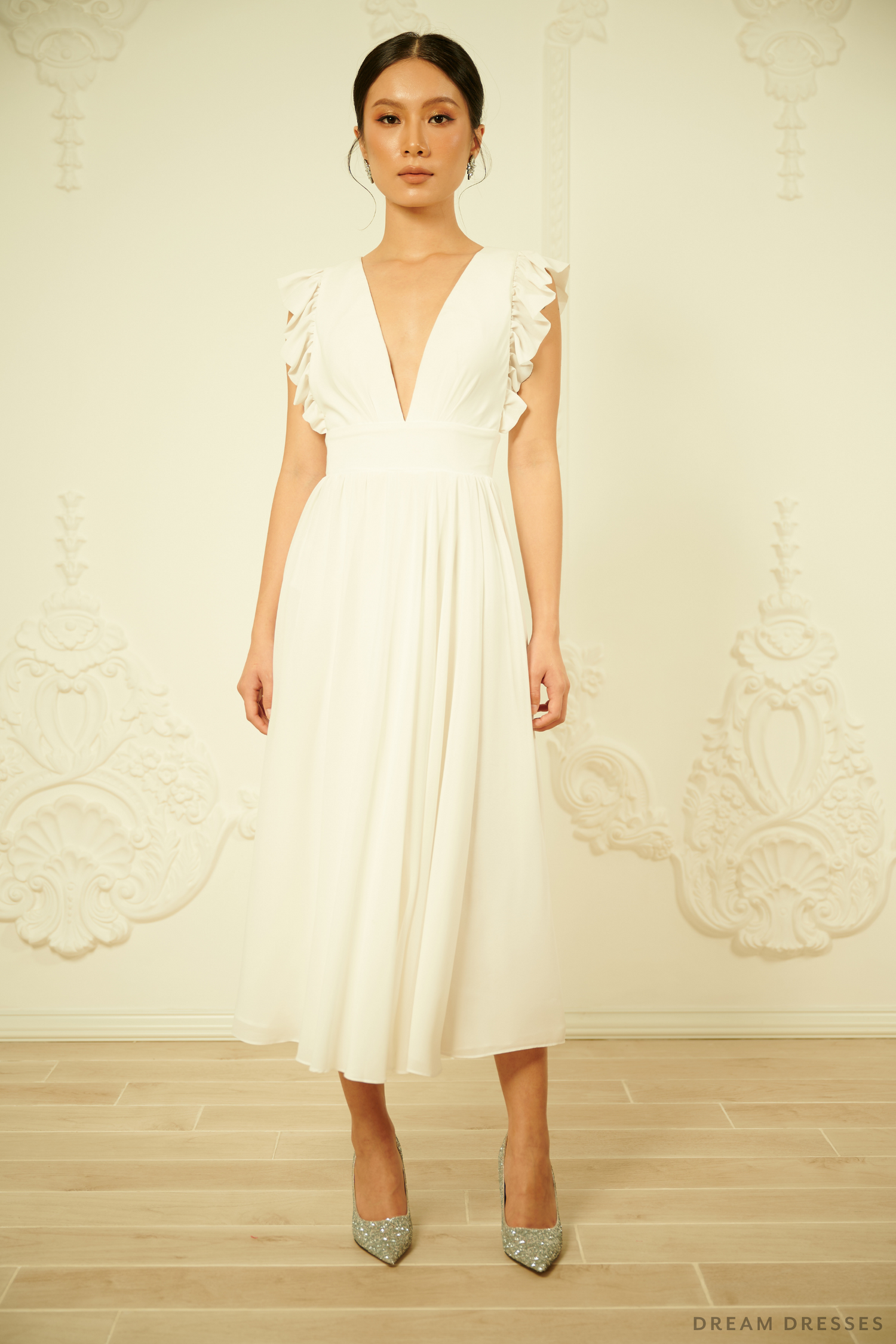 White Chiffon Rehearsal Dinner Dress - Velia