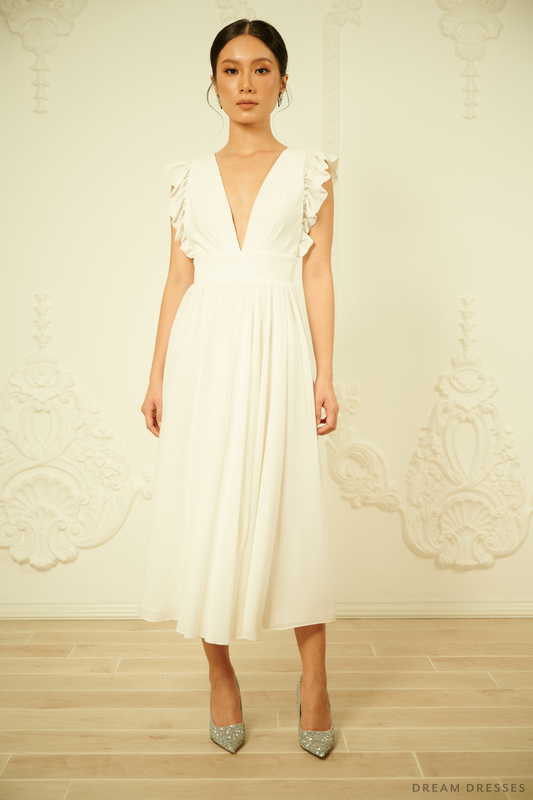 White Chiffon Rehearsal Dinner Dress (#VELIA) - Dream Dresses by P.M.N.
