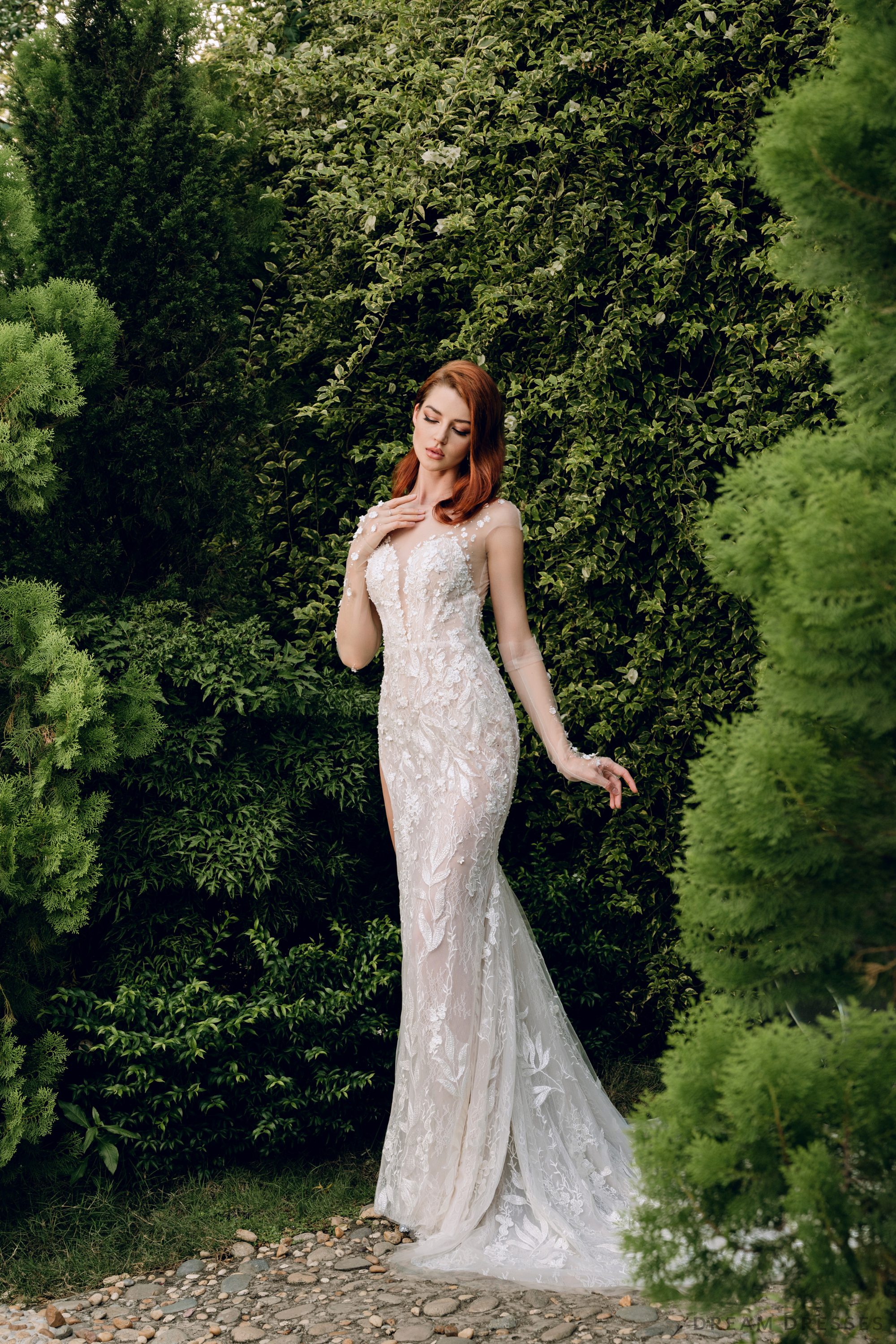 couture wedding dresses DreamDress By PMN Kristin Mermaid High Slit Wedding Dress Gown Illusion Plunging V-Neck Floral Embellishments Couture Lace Chapel Train