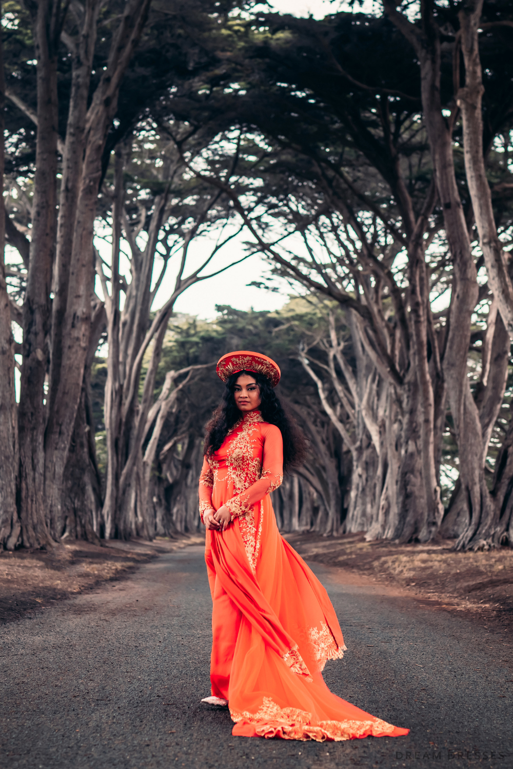 Red Ao Dai with Gold Lace and Chapel Train | Vietnamese Lace Bridal Dress (#MELIA)