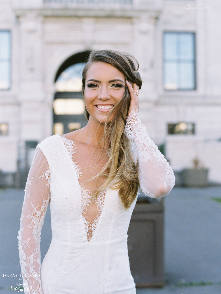 Long Sleeve Chantilly Lace Wedding Dress (#Acacia) - Dream Dresses by P.M.N.