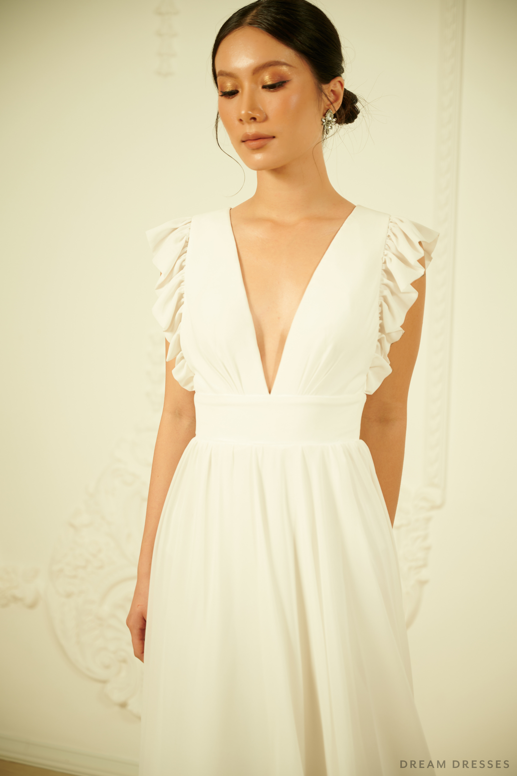 White Chiffon Rehearsal Dinner Dress - Velia | DreamDresses White Chiffon Rehearsal Dinner Dress - Velia | DreamDresses