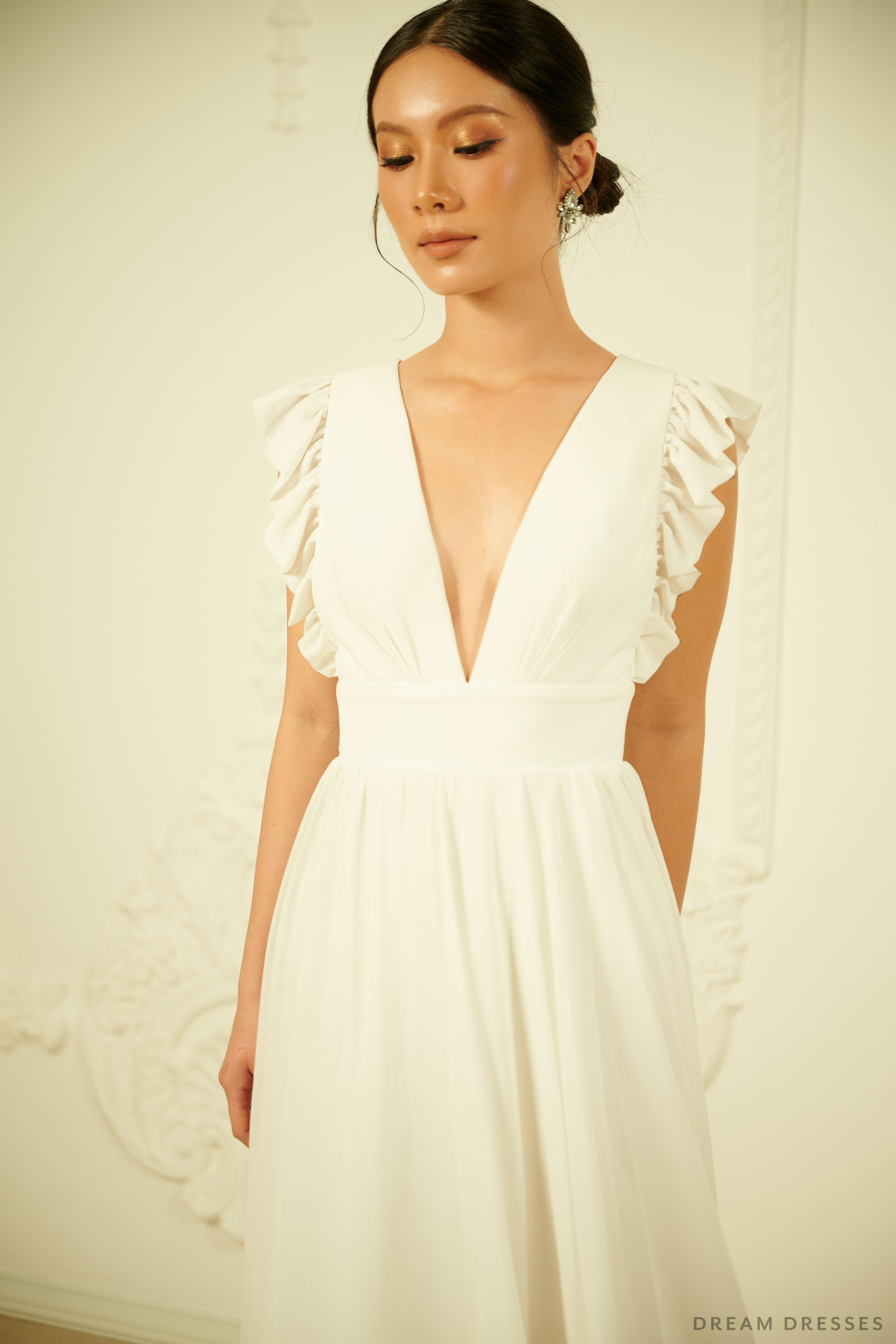 White Chiffon Rehearsal Dinner Dress (#VELIA)