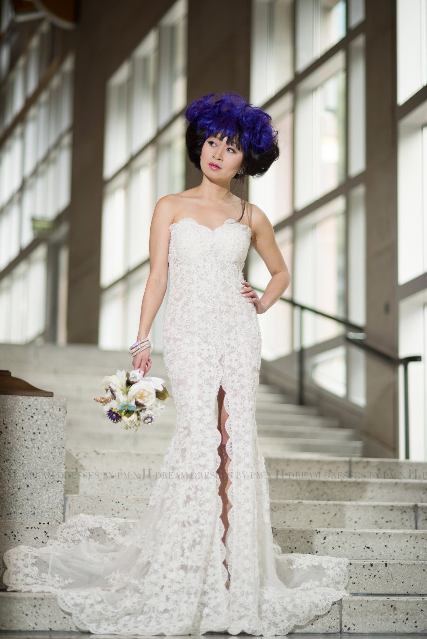 DreamDress By PMN Sheath High Slit Wedding Dress Gown Neck Sheer Back Floral Embellishment Illusion Bodice Chapel Train | Size: Custom DreamDress By PMN Sheath High Slit Wedding Dress Gown Neck Sheer Back Floral Embellishment Illusion Bodice Chapel Train | Size: Custom