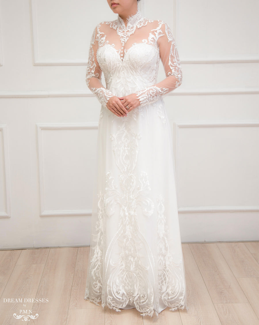 White Bridal Ao Dai | Modern Vietnamese Lace Bridal Dress (#YVONNE) - Dream Dresses by P.M.N.