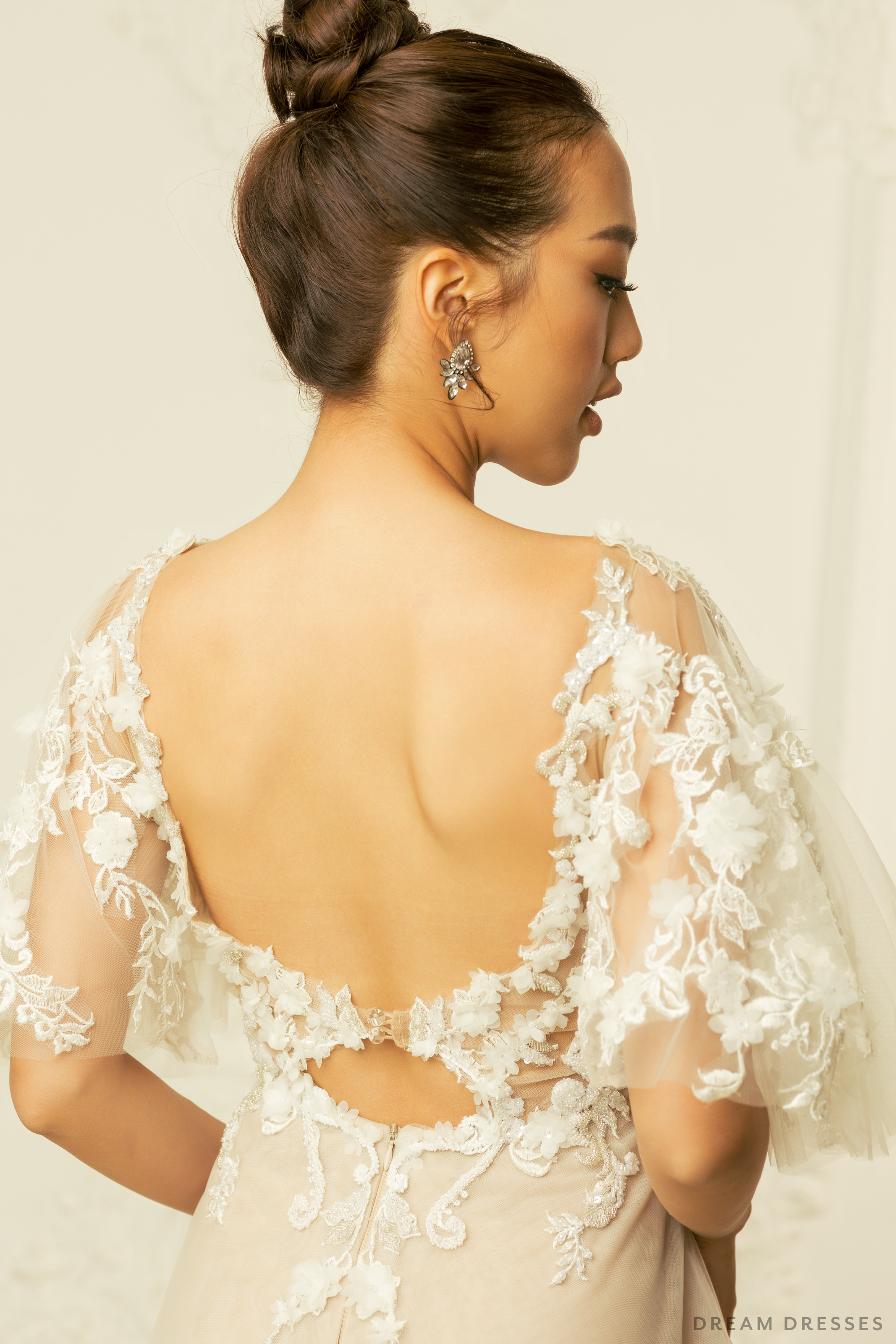 Dreamdress By Pmn Frankie A-Line High Slit Wedding Dress Gown Illusion Floral Embellishment Butterfly Sleeves Sweep Train | Size: Custom Dreamdress By Pmn Frankie A-Line High Slit Wedding Dress Gown Illusion Floral Embellishment Butterfly Sleeves Sweep Train | Size: Custom