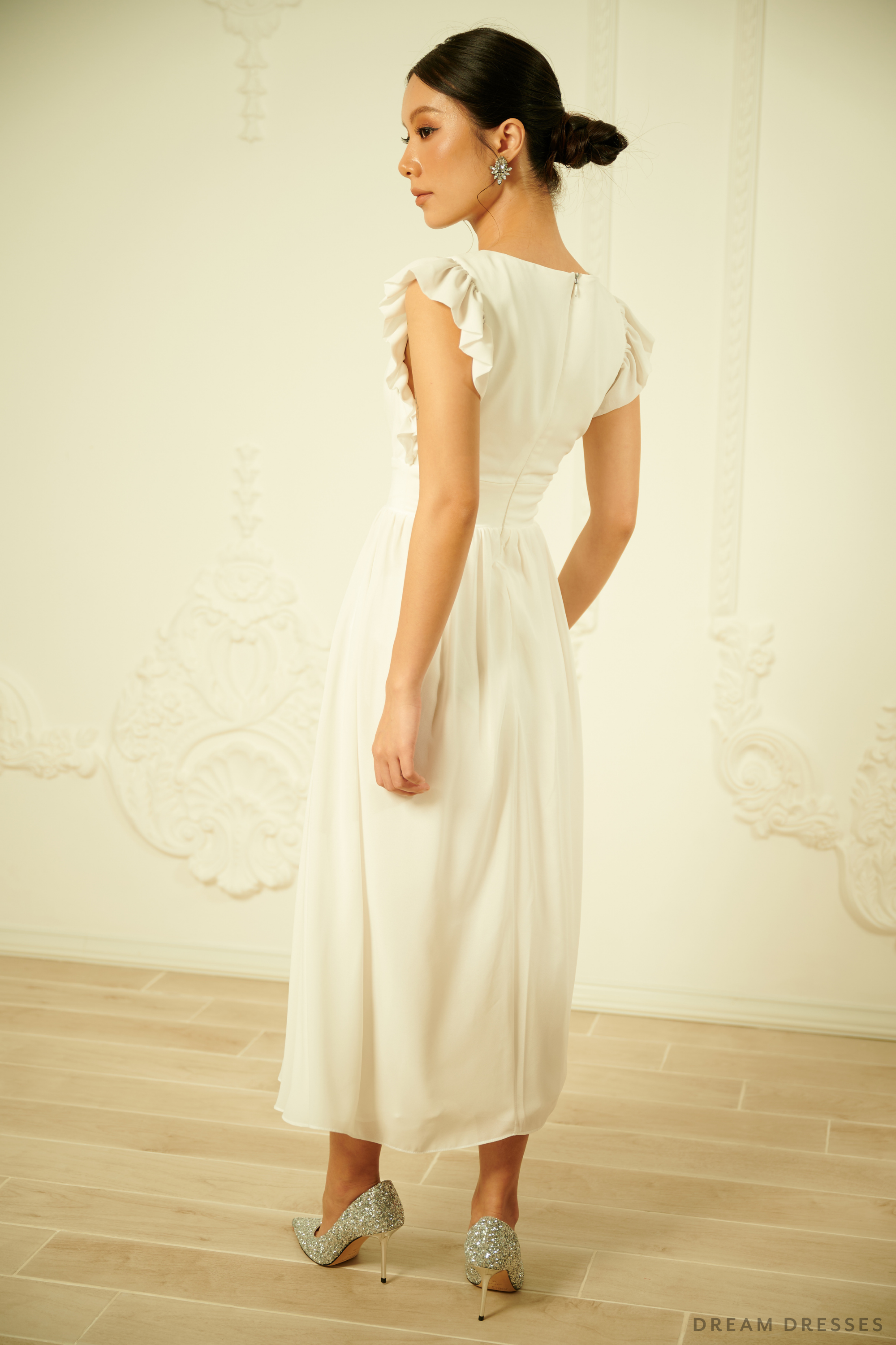 White Chiffon Rehearsal Dinner Dress (#VELIA)