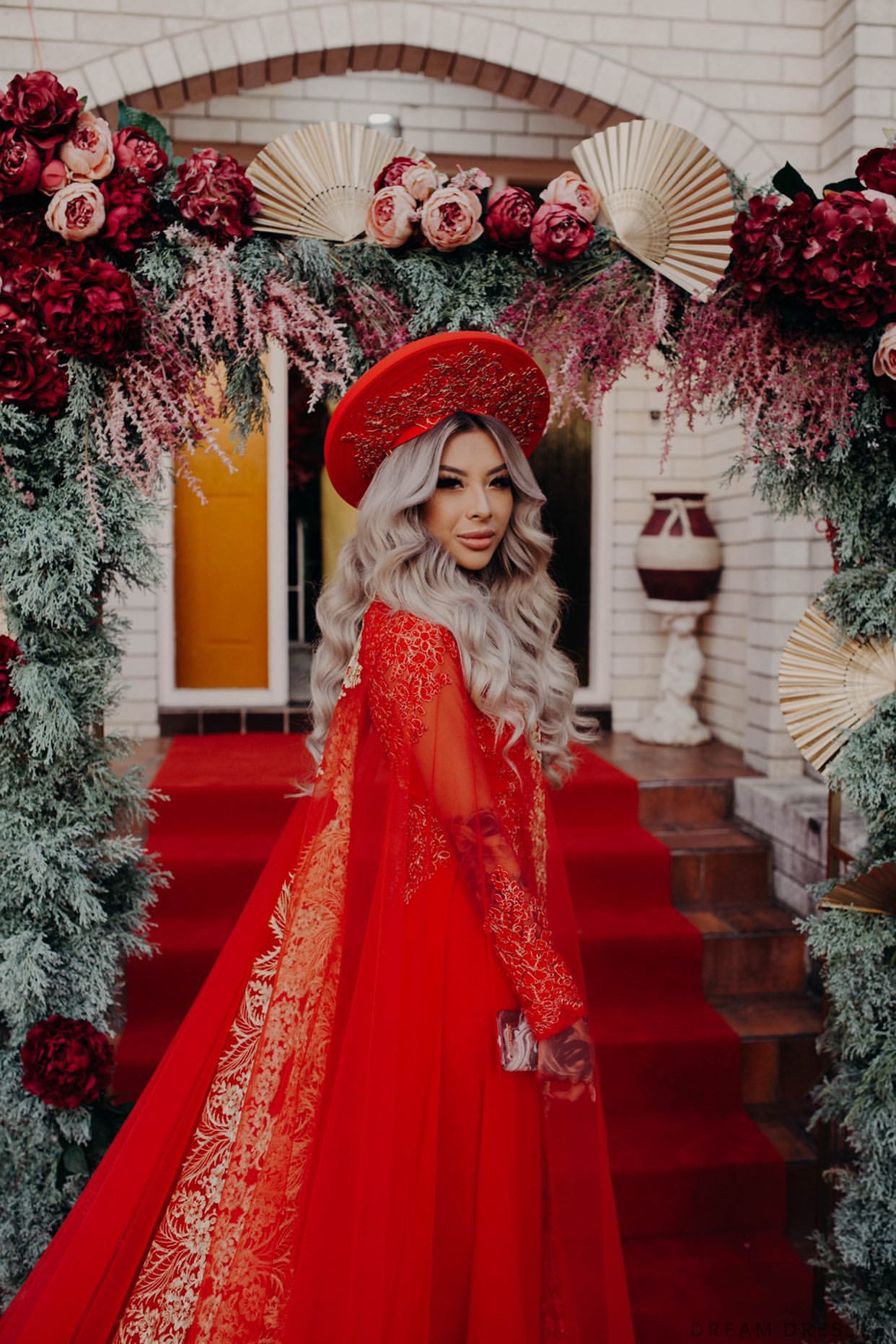 Red Ao Dai Cape | Vietnamese Lace Bridal Ao Dai Cape (#TEMA) - Dream Dresses by P.M.N.