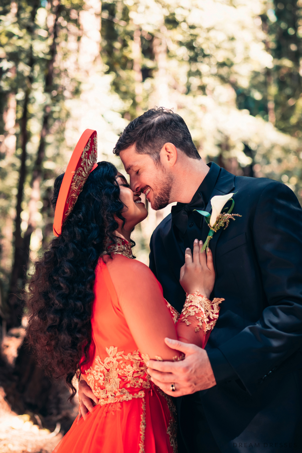 Red Ao Dai with Gold Lace and Chapel Train | Vietnamese Lace Bridal Dress (#MELIA)