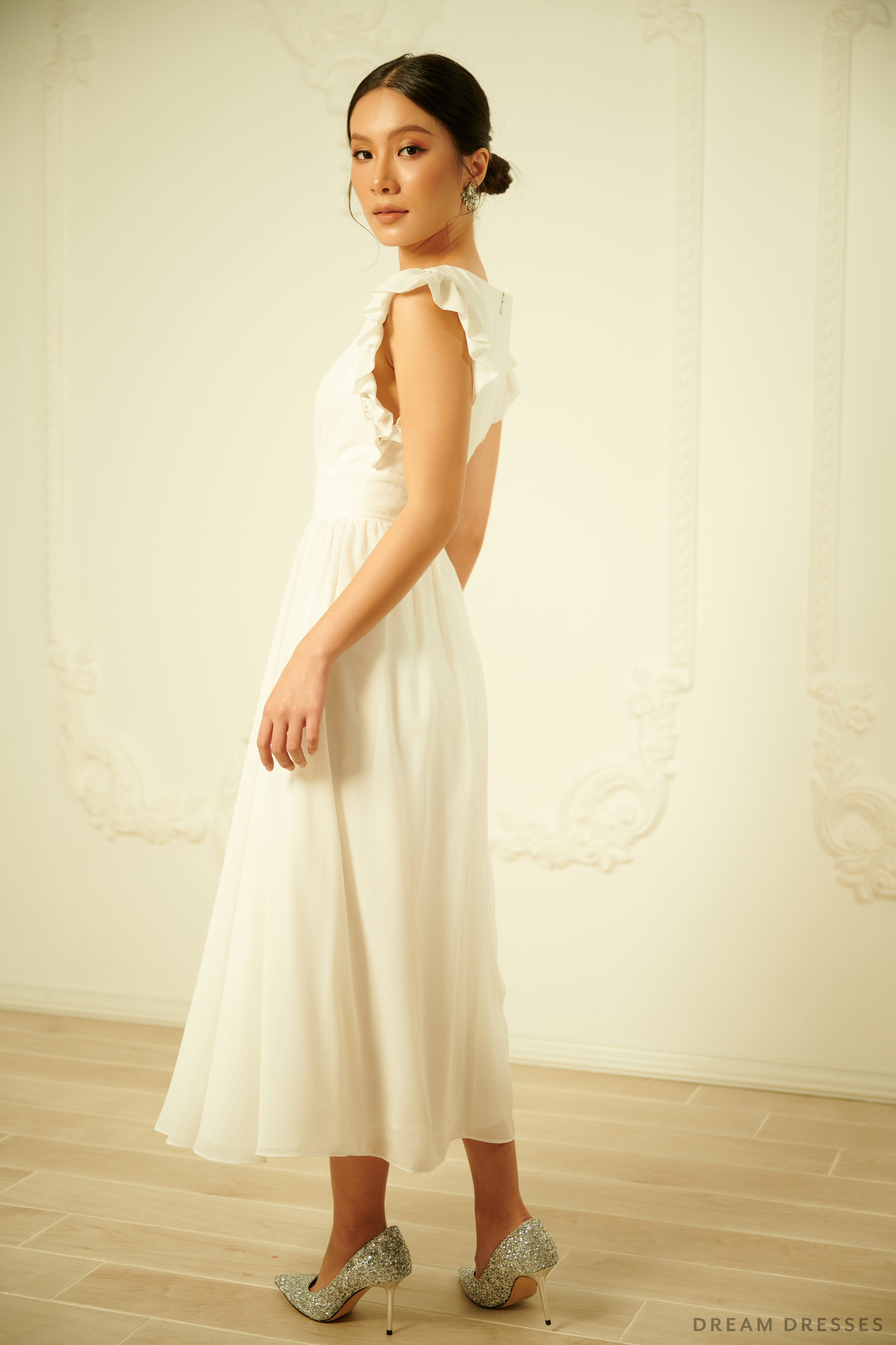 White Chiffon Rehearsal Dinner Dress - Velia | DreamDresses White Chiffon Rehearsal Dinner Dress - Velia | DreamDresses