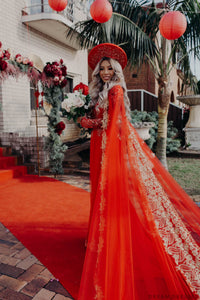 Red Ao Dai Cape | Vietnamese Lace Bridal Ao Dai Cape (#TEMA) - Dream Dresses by P.M.N.