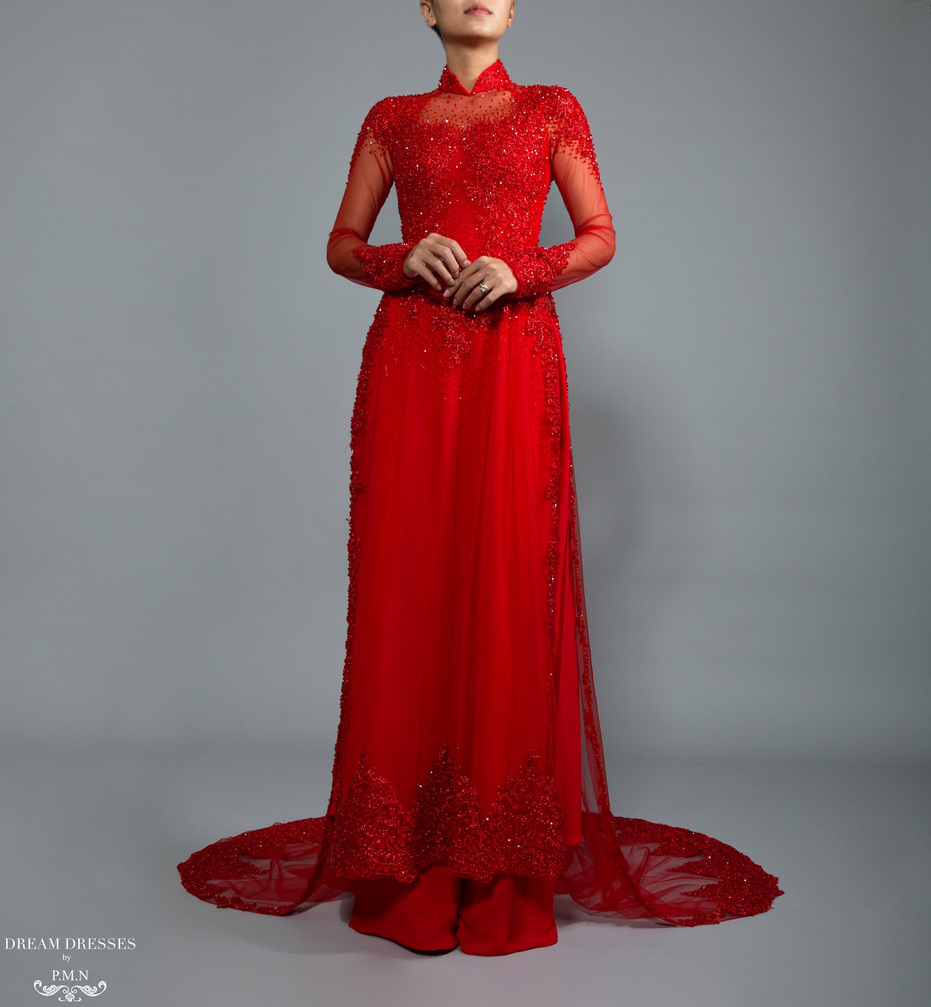 Red Bridal Ao Dai | Vietnamese Bridal Dress with Embellishment (#ADALIE) - Dream Dresses by P.M.N.