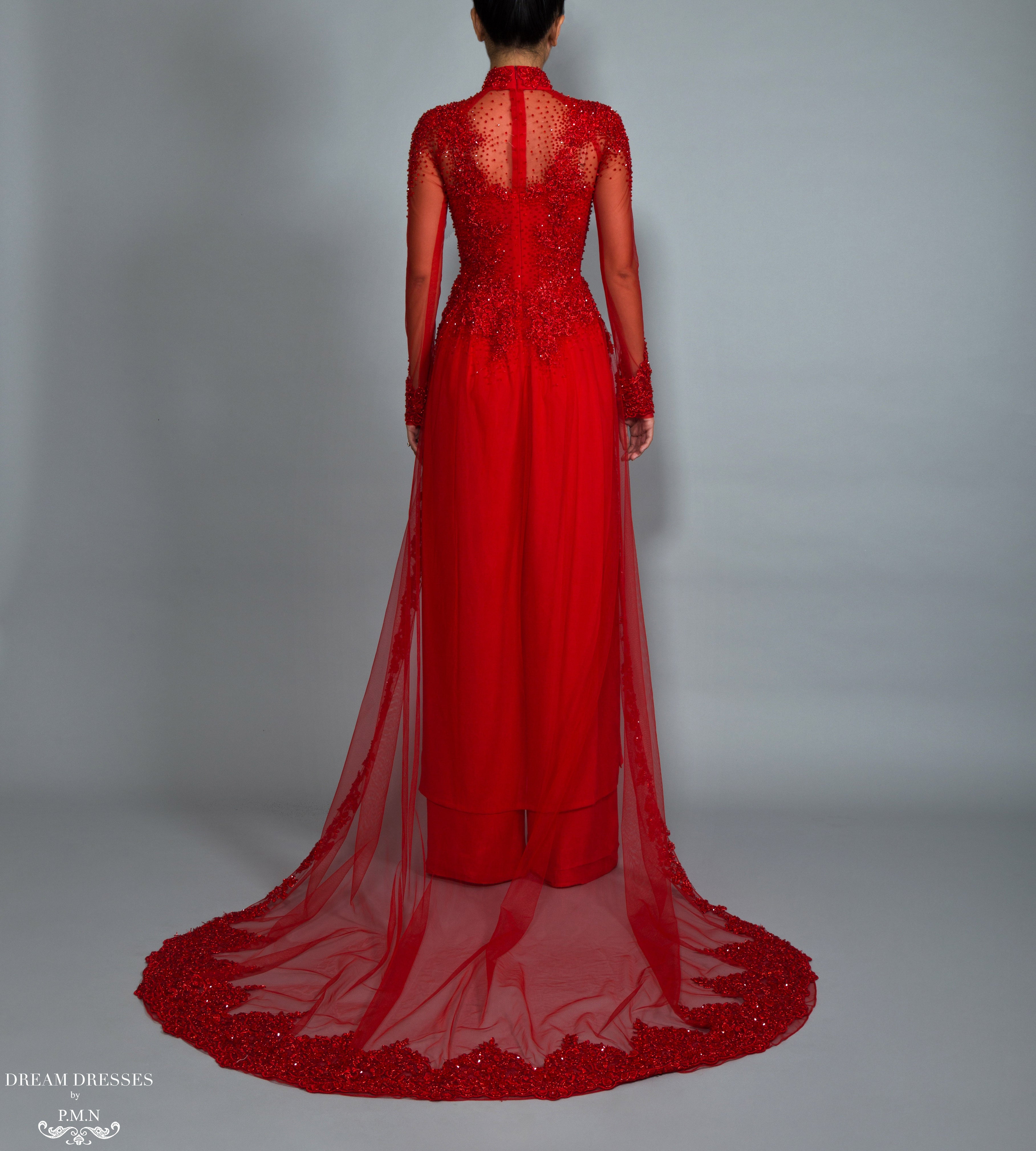 Red Bridal Ao Dai | Vietnamese Bridal Dress with Embellishment (#ADALIE)