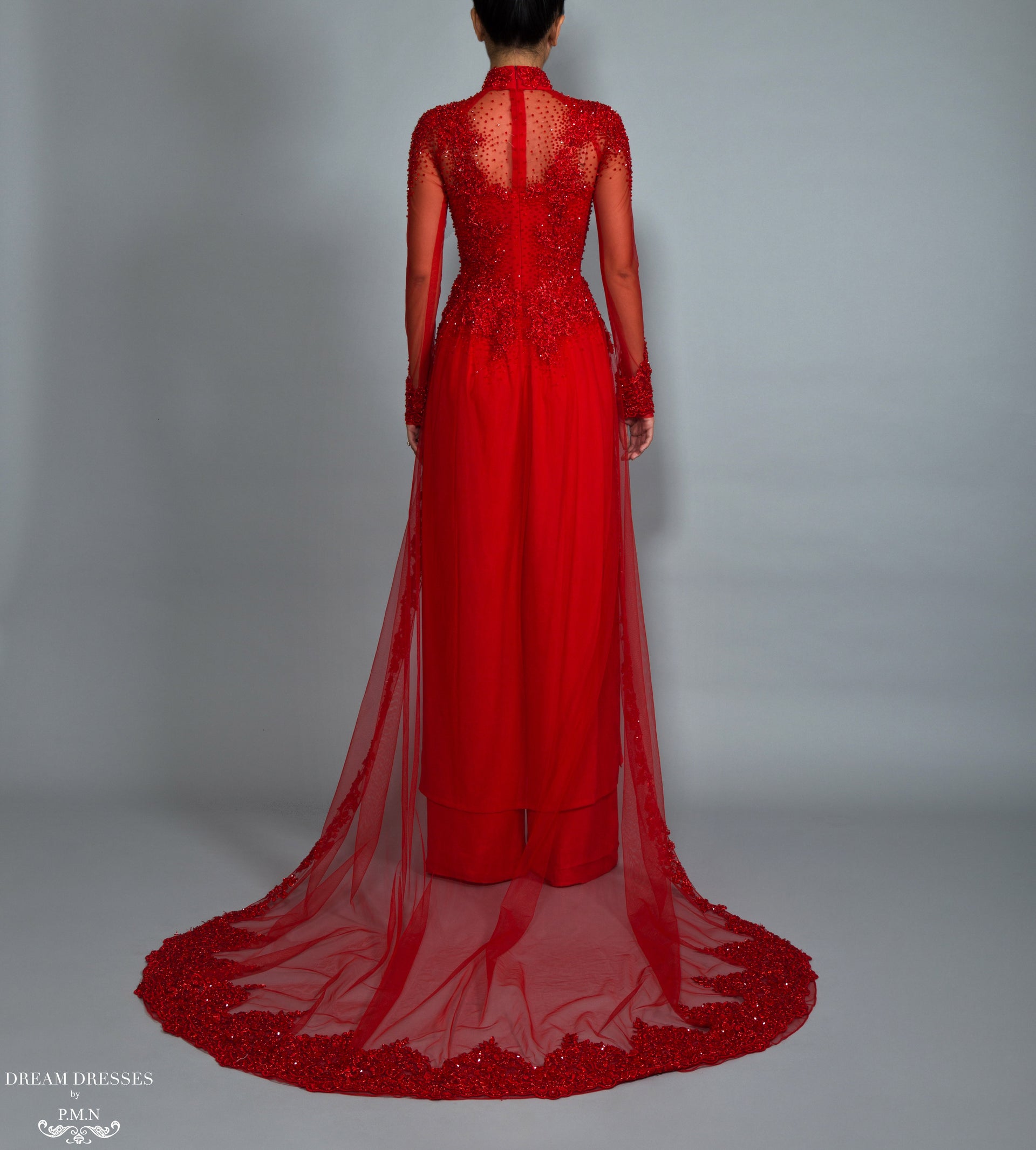 Red Bridal Ao Dai | Vietnamese Bridal Dress with Embellishment (#ADALIE) - Dream Dresses by P.M.N.