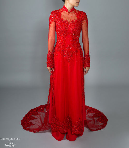 Red Bridal Ao Dai | Vietnamese Bridal Dress with Embellishment (#ADALIE) - Dream Dresses by P.M.N.
