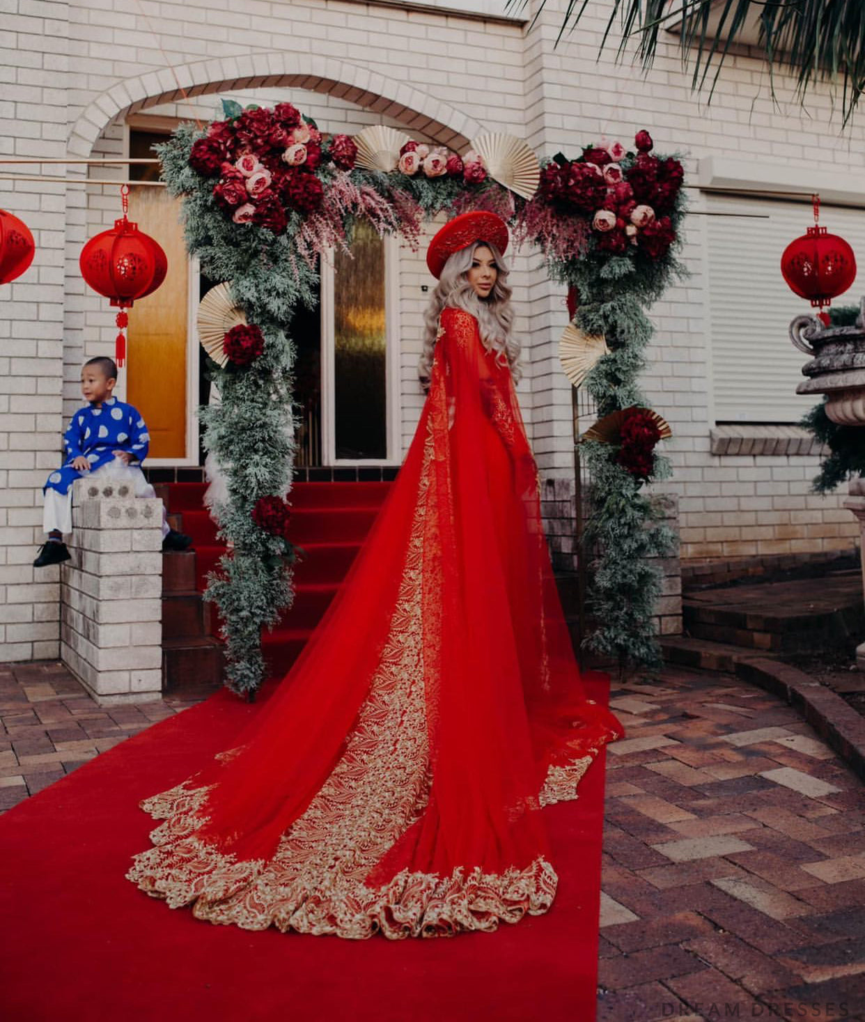 Red Ao Dai Cape | Vietnamese Lace Bridal Ao Dai Cape (#TEMA) - Dream Dresses by P.M.N.