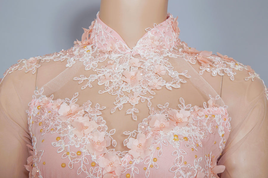 Blush Pink Bridal Ao Dai | Vietnamese Bridal Dress with Embellishment (#ANNIE) - Dream Dresses by P.M.N.