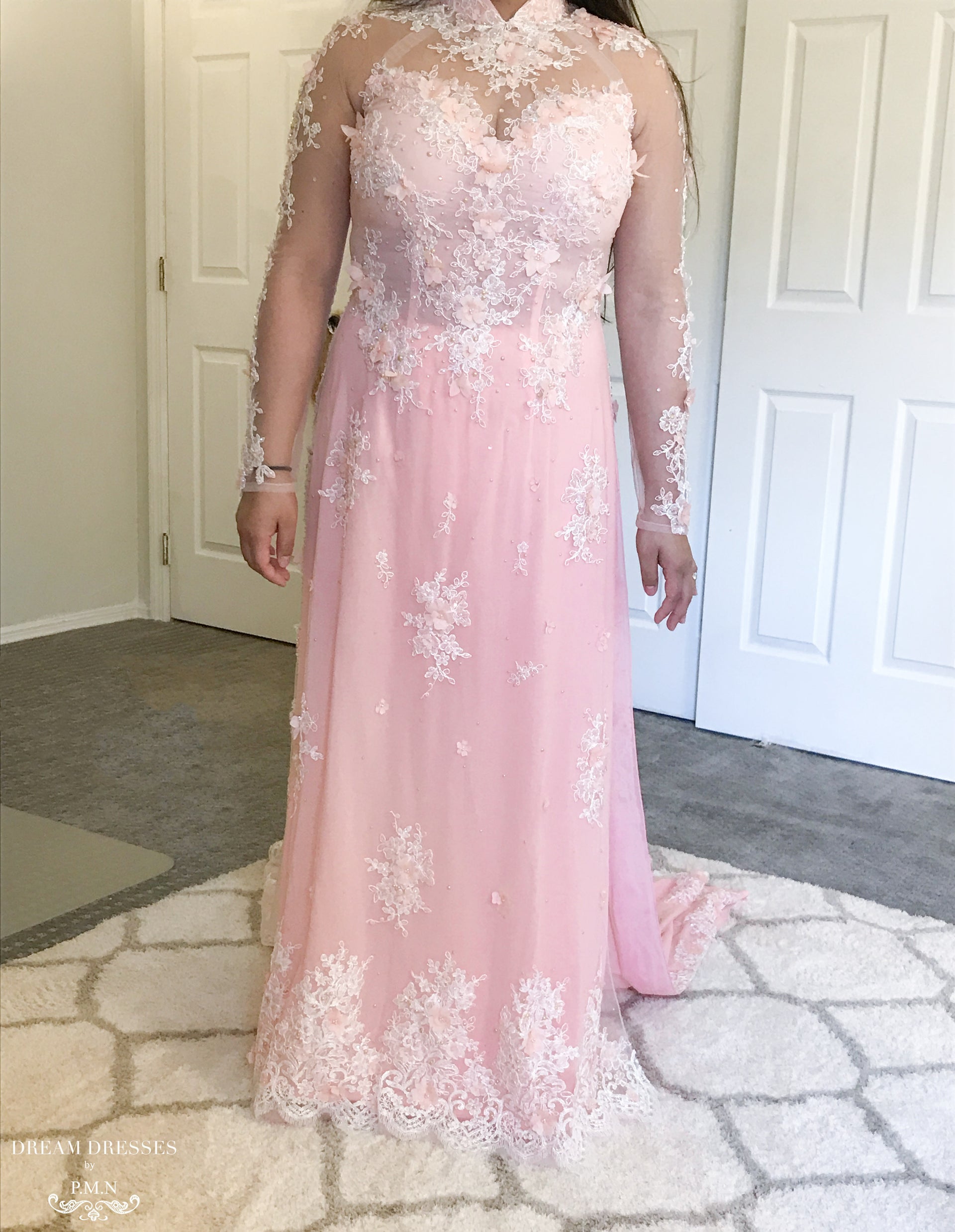 Blush Pink Bridal Ao Dai | Vietnamese Bridal Dress with Embellishment (#ANNIE) - Dream Dresses by P.M.N.