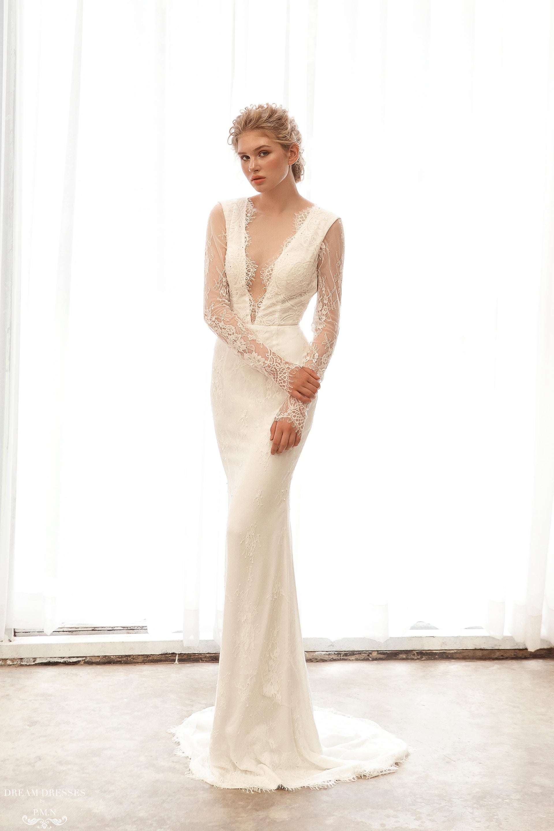 Long Sleeve Chantilly Lace Wedding Dress (#Acacia) - Dream Dresses by P.M.N.