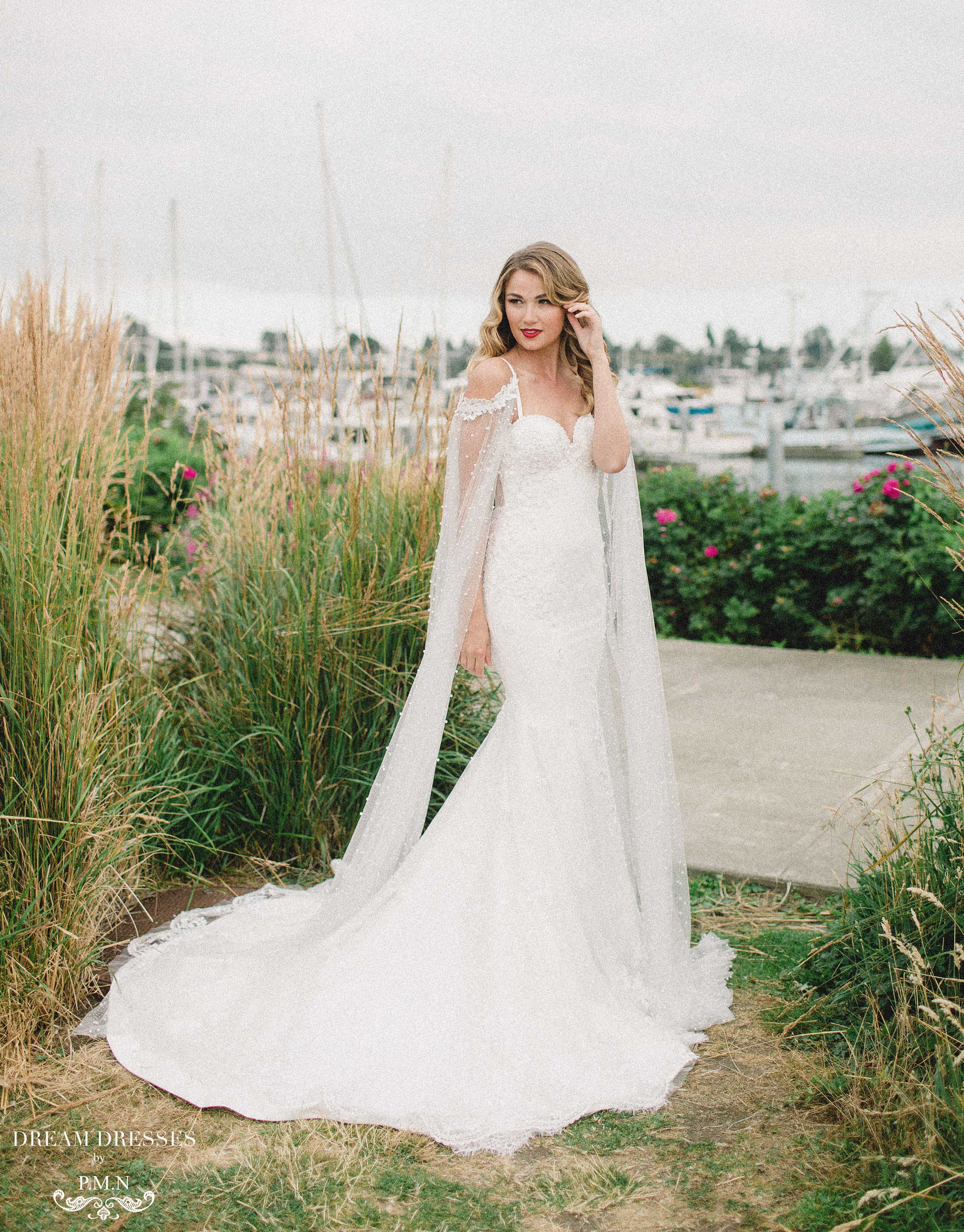 Lace Mermaid Wedding Dress with Sleeve Cape A-Line - Dream Dresses Lace Mermaid Wedding Dress with Sleeve Cape A-Line - Dream Dresses