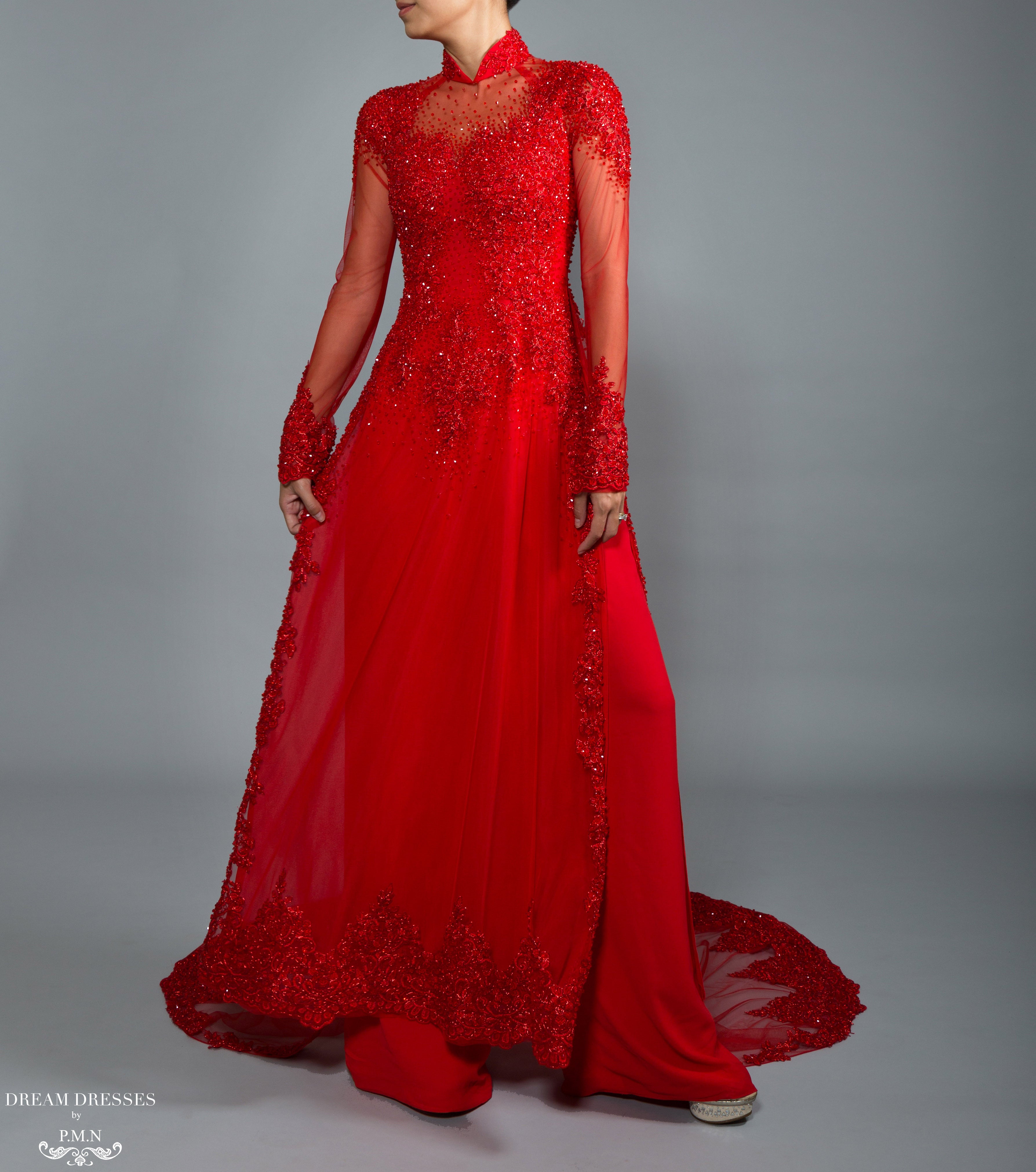Red Bridal Ao Dai | Vietnamese Bridal Dress with Embellishment (#ADALIE) - Dream Dresses by P.M.N.