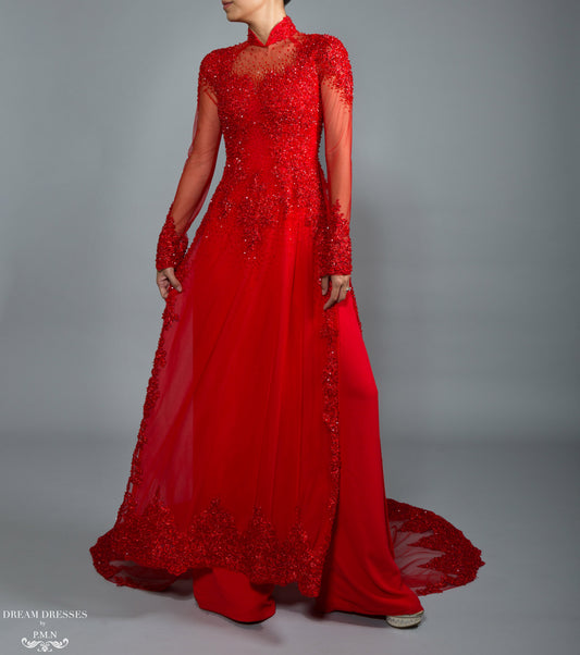 Red Bridal Ao Dai | Vietnamese Bridal Dress with Embellishment (#ADALIE) - Dream Dresses by P.M.N.