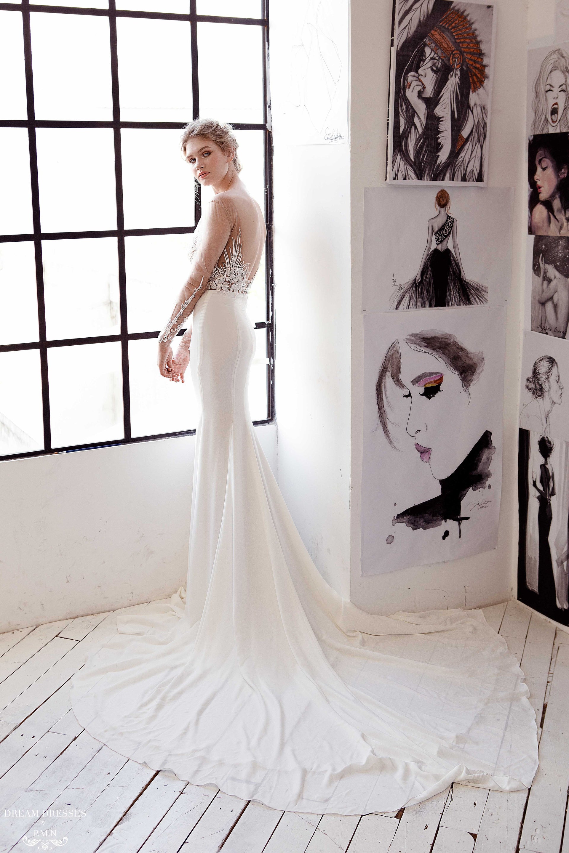 Illusion Long Sleeve Sheath Gown (#Adara) - Dream Dresses by P.M.N.