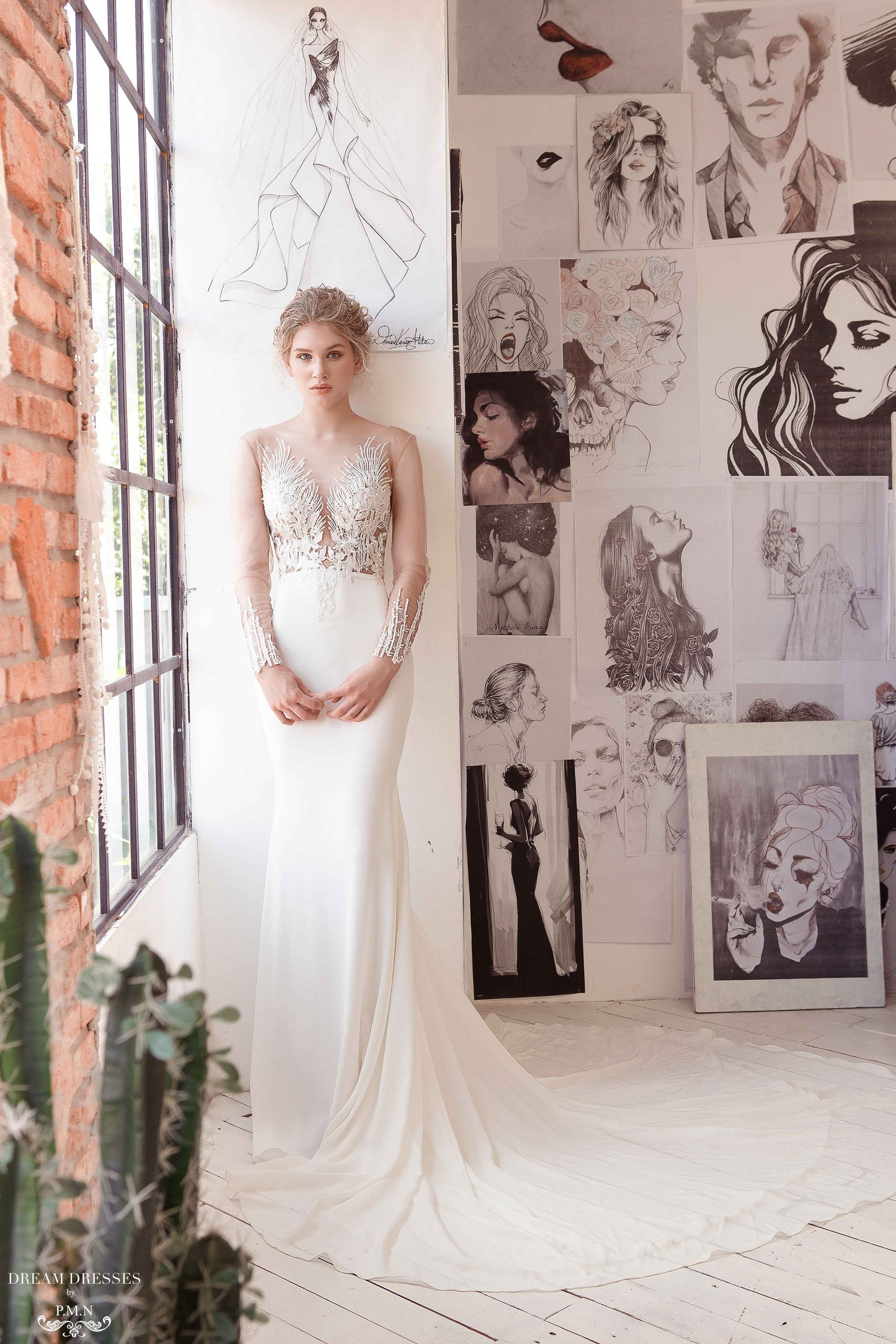 Illusion Long Sleeve Sheath Gown (#Adara) - Dream Dresses by P.M.N.