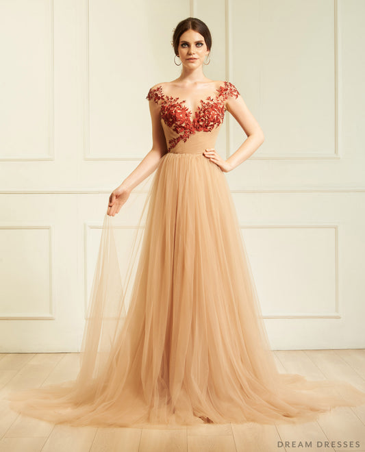 Nude Wedding Gown with Red Lace (#Aida ) - Dream Dresses by P.M.N.