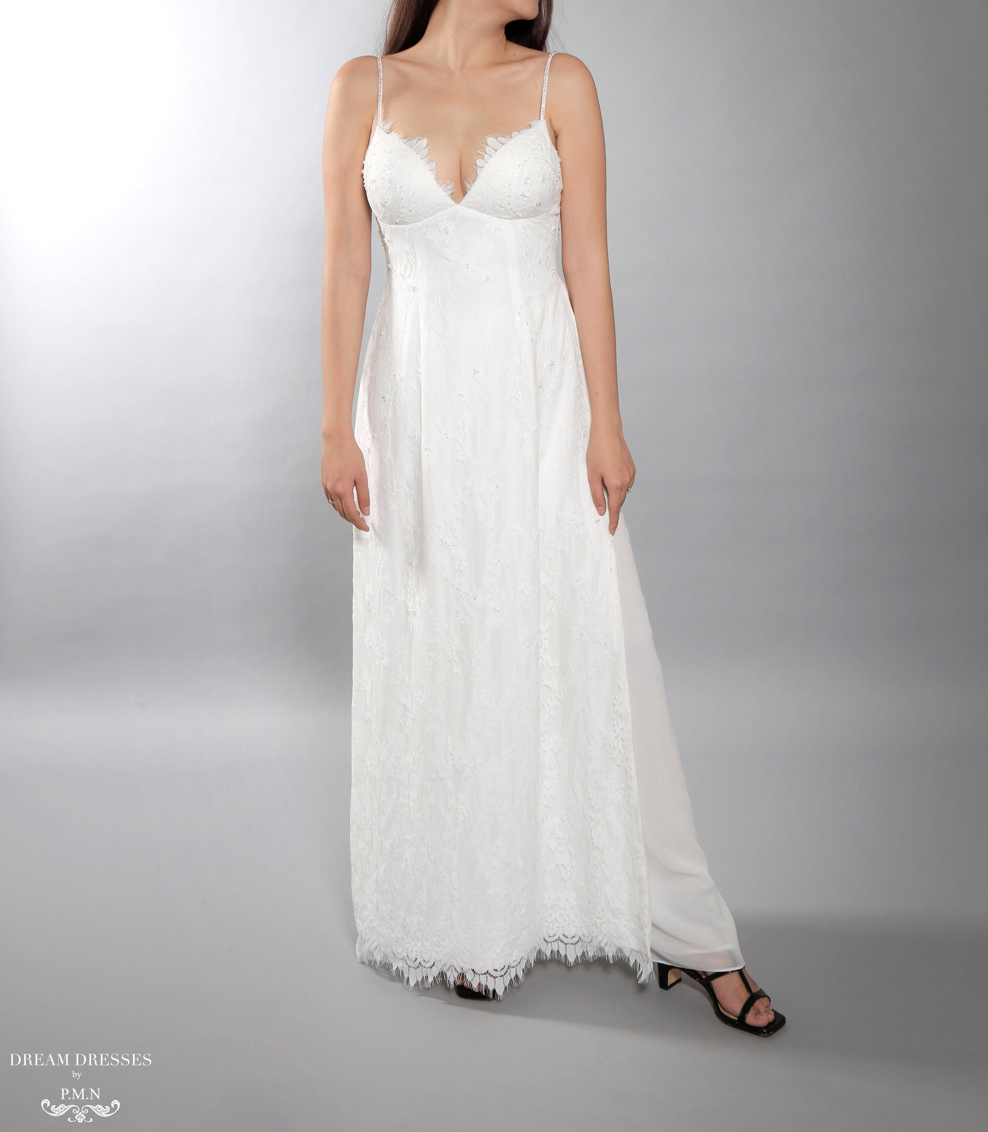 White Bridal Ao Dai | Vietnamese Lace Bridal Dress with Modern Neckline (#AIMEE) - Dream Dresses by P.M.N.